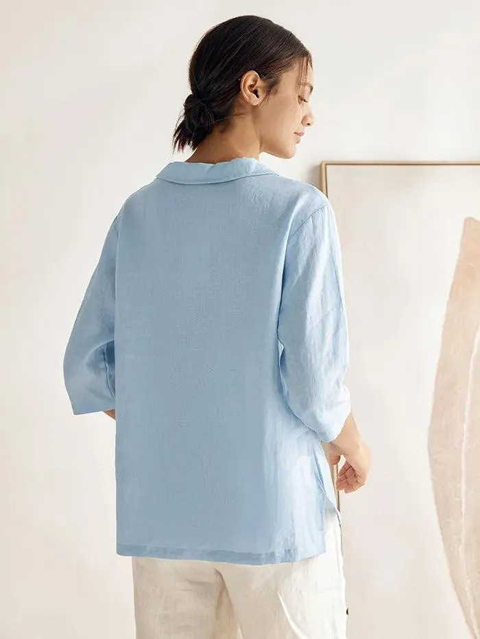 100% Linen Shawl V-Neck Half Sleeve Top JADE sold by Lintico product image thumbnail 5