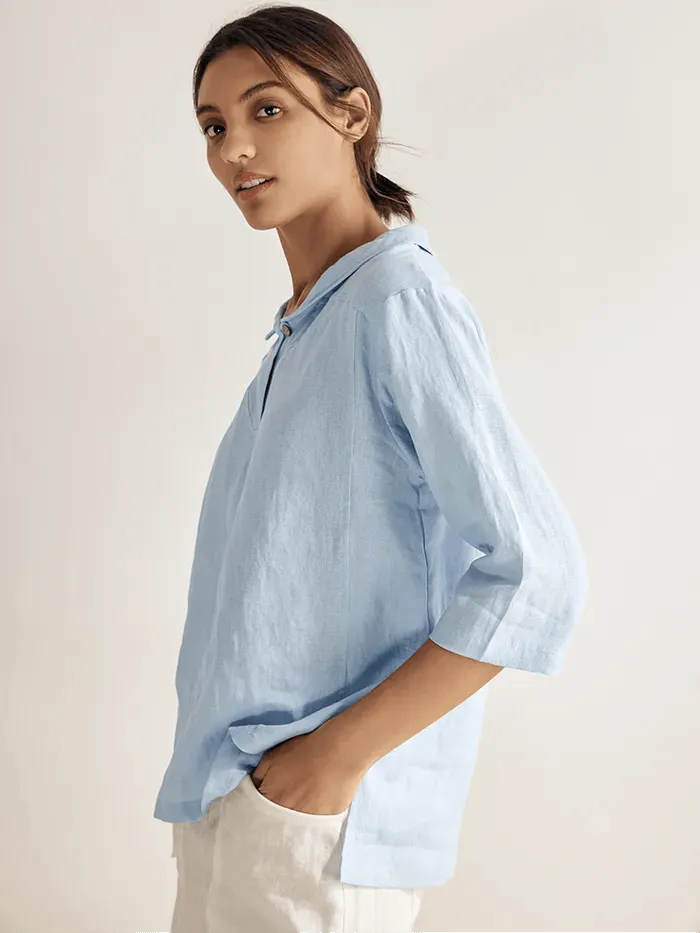 100% Linen Shawl V-Neck Half Sleeve Top JADE sold by Lintico product image thumbnail 4