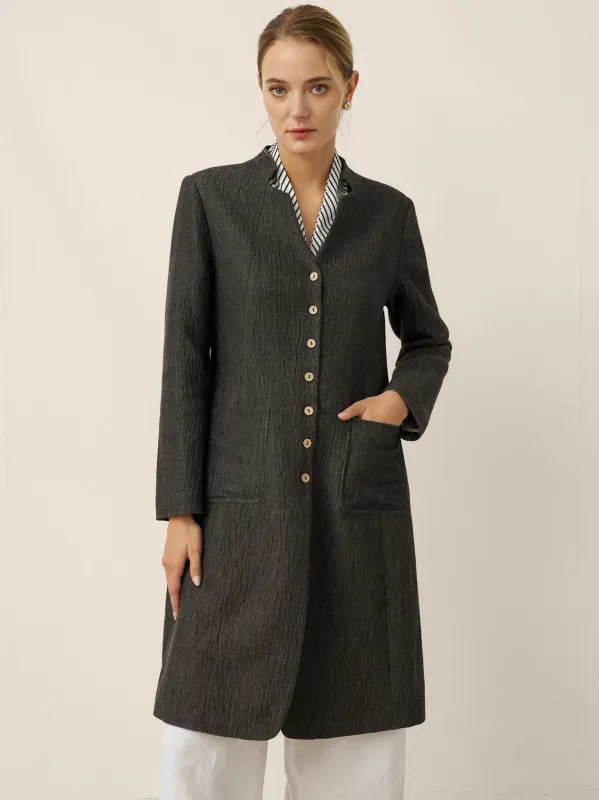 Linen Mandarin Collar Button-Up Long Shirt Jacket JORDAN sold by Lintico