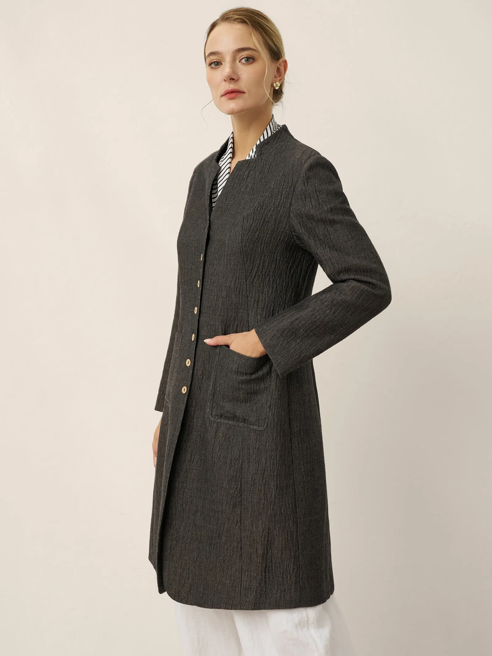 Linen Mandarin Collar Button-Up Long Shirt Jacket JORDAN sold by Lintico product image thumbnail 3