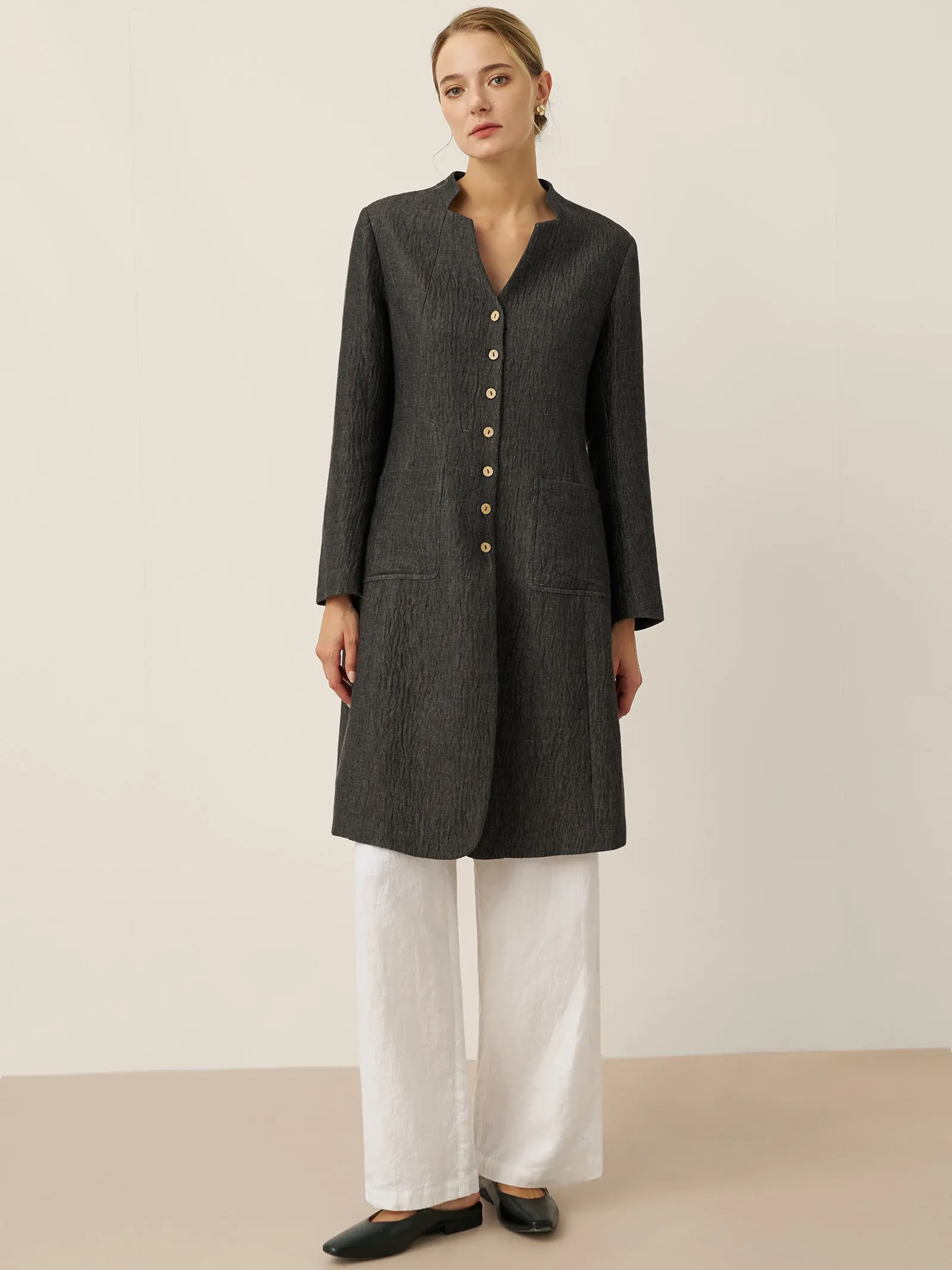 Linen Mandarin Collar Button-Up Long Shirt Jacket JORDAN sold by Lintico product image thumbnail 4