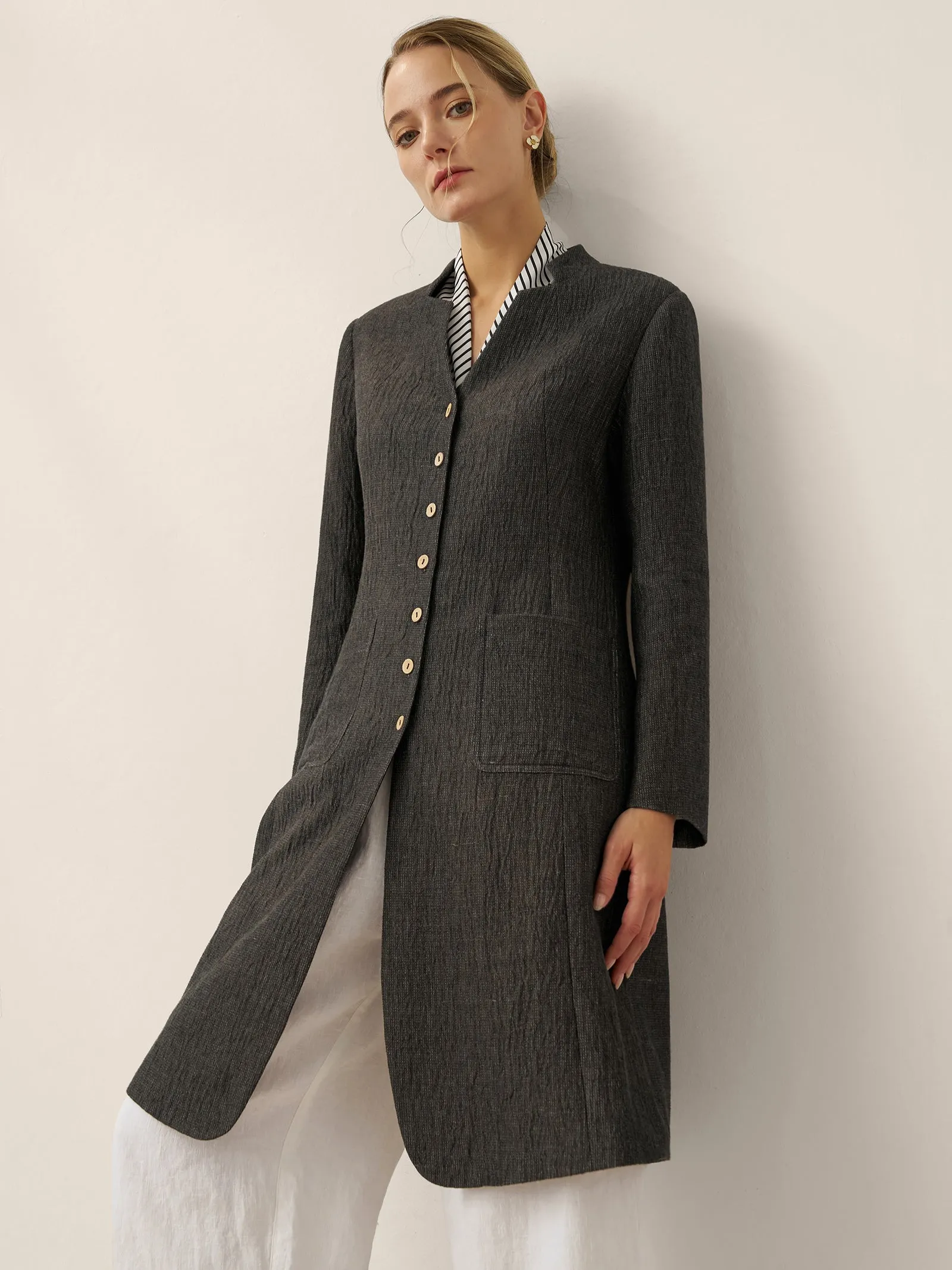 Linen Mandarin Collar Button-Up Long Shirt Jacket JORDAN sold by Lintico product image thumbnail 2