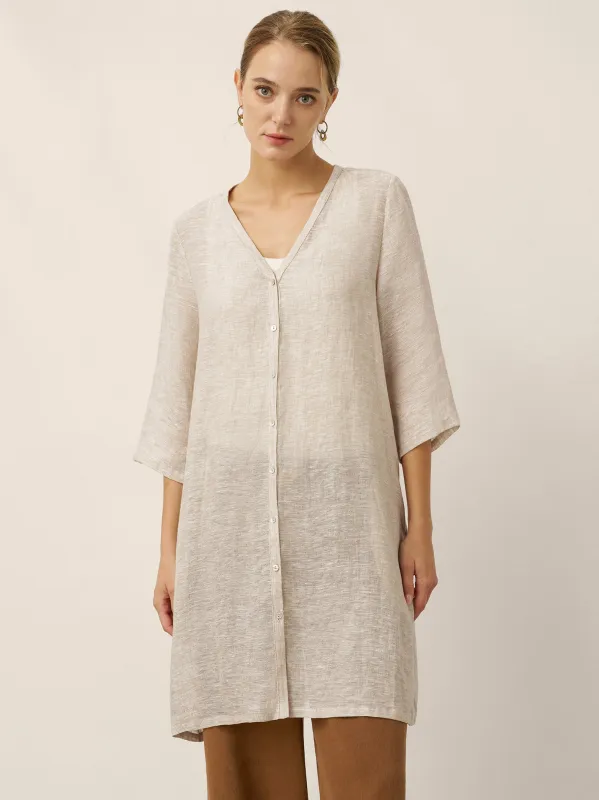 100% Linen Button Front Three-Quarter Sleeve Top PEYTON sold by Lintico