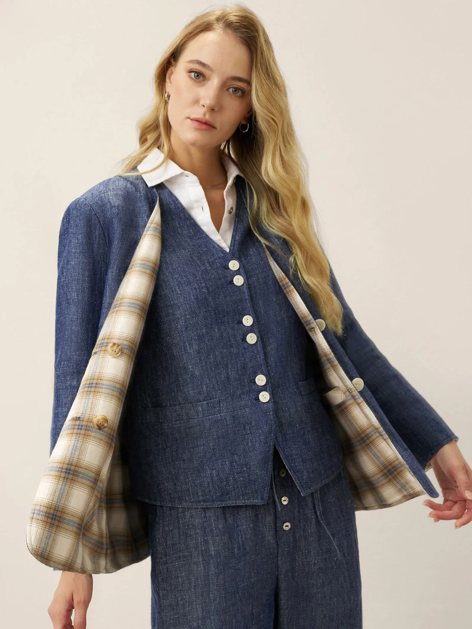 Tencel Linen Reversible Denim Texture V Neck Jacket ELLIE sold by Lintico product image thumbnail 3