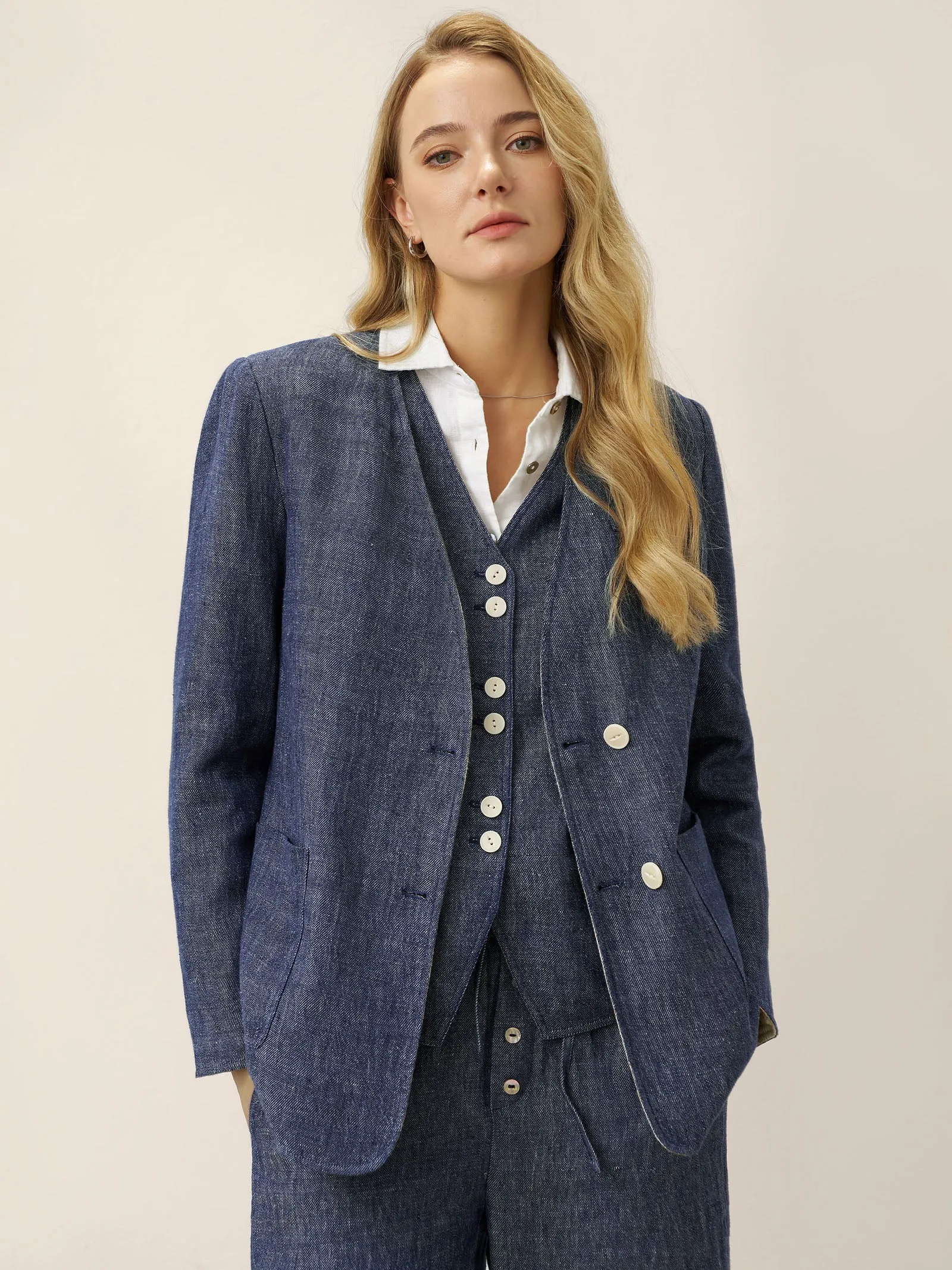 Tencel Linen Reversible Denim Texture V Neck Jacket ELLIE sold by Lintico