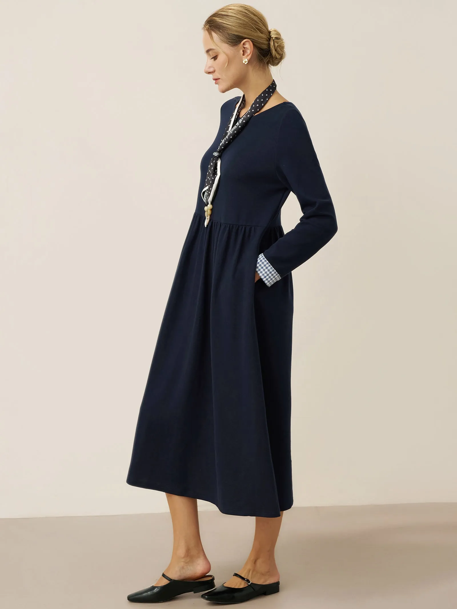 Organic Cotton Patchwork Cuff Crew Neck Casual Maxi Dress SCARLETT sold by Lintico product image thumbnail 4