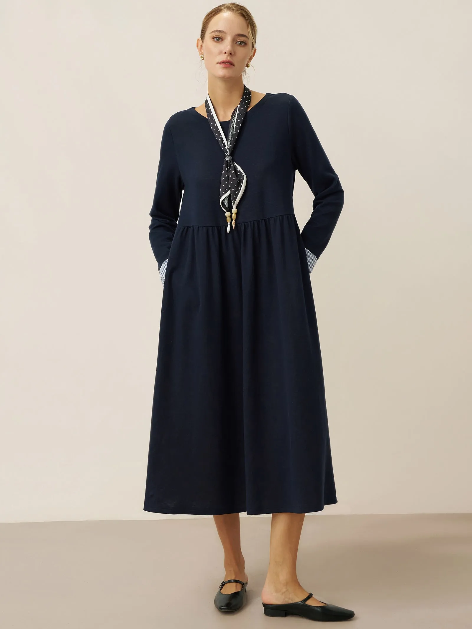 Organic Cotton Patchwork Cuff Crew Neck Casual Maxi Dress SCARLETT sold by Lintico