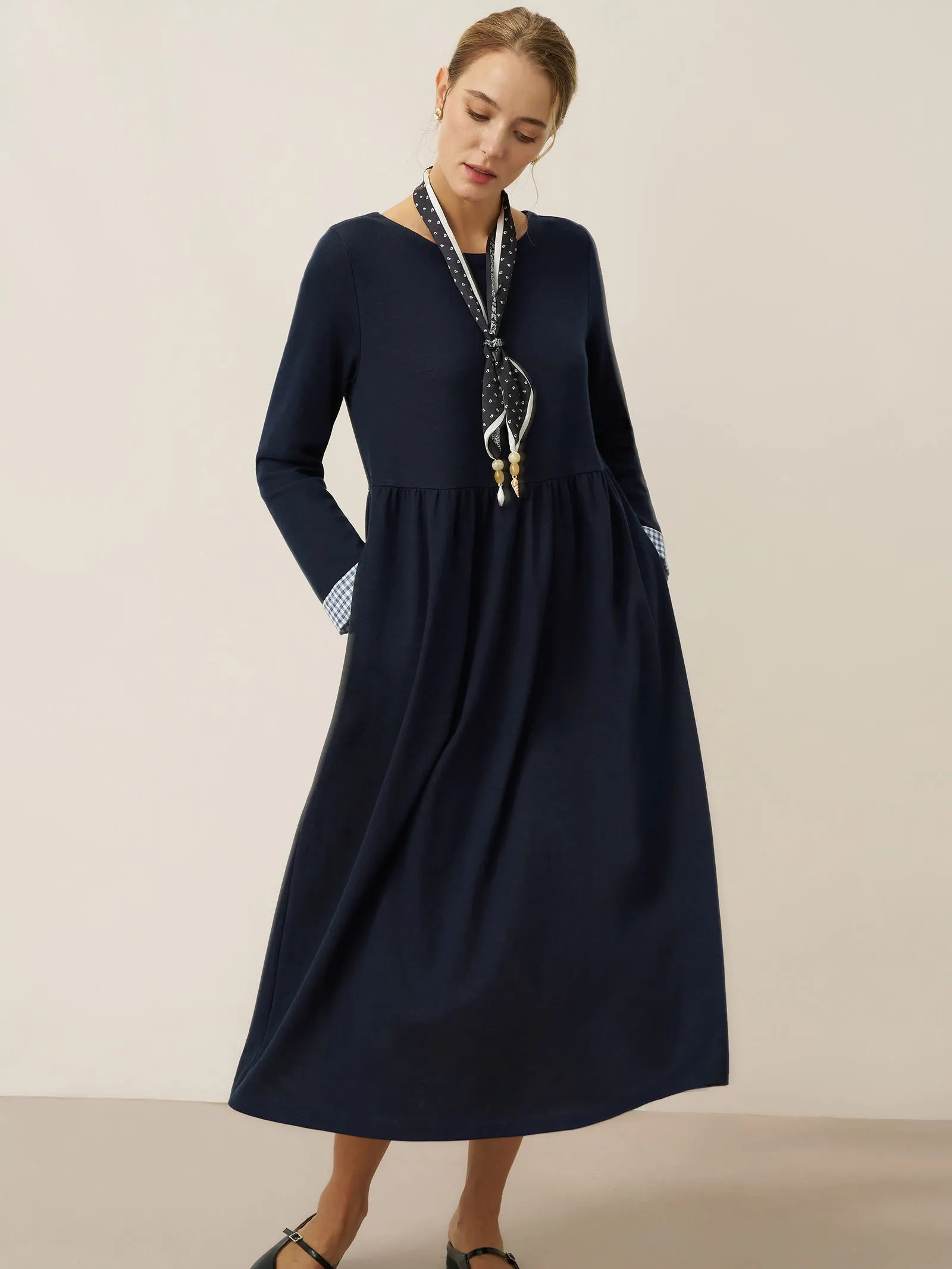 Organic Cotton Patchwork Cuff Crew Neck Casual Maxi Dress SCARLETT sold by Lintico product image thumbnail 5