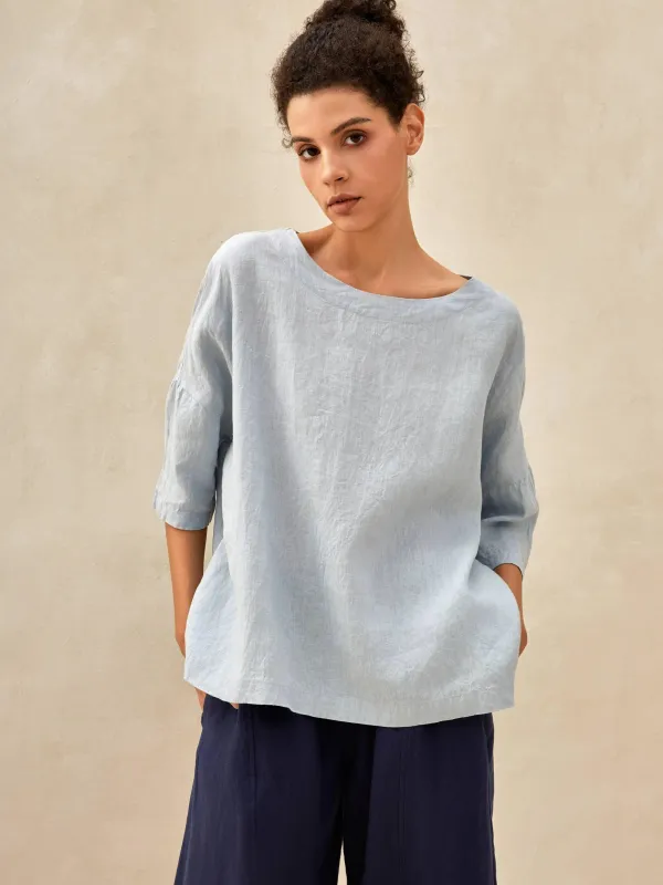 100% Linen Boatneck 3/4 Length Sleeve Top AURORA sold by Lintico