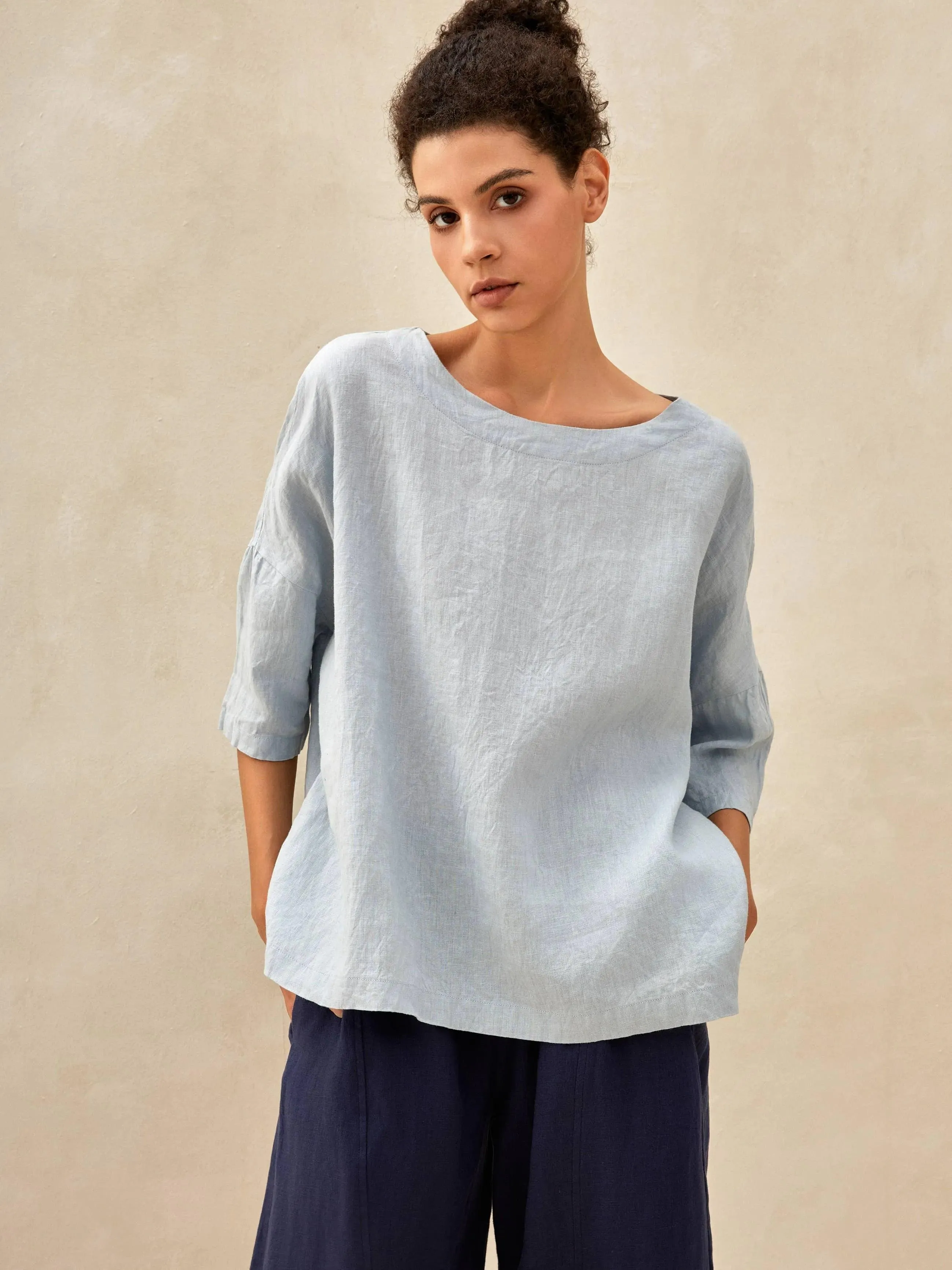 100% Linen Boatneck 3/4 Length Sleeve Top AURORA sold by Lintico