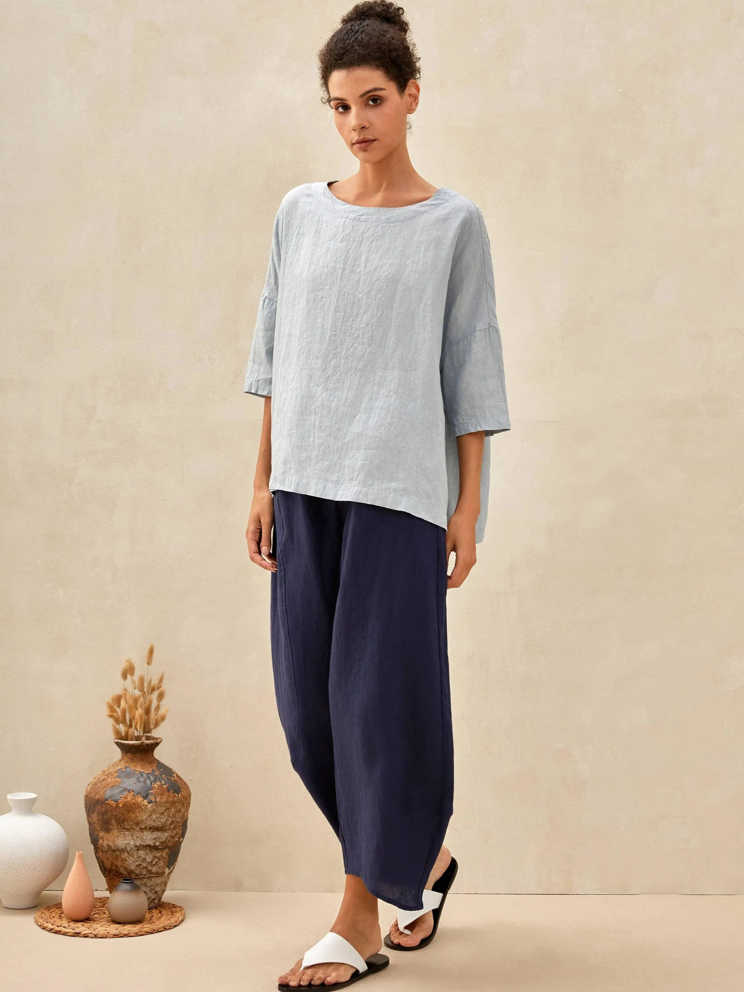 100% Linen Boatneck 3/4 Length Sleeve Top AURORA sold by Lintico product image thumbnail 4