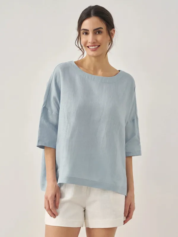 100% Linen Boatneck 3/4 Length Sleeve Top AURORA sold by Lintico