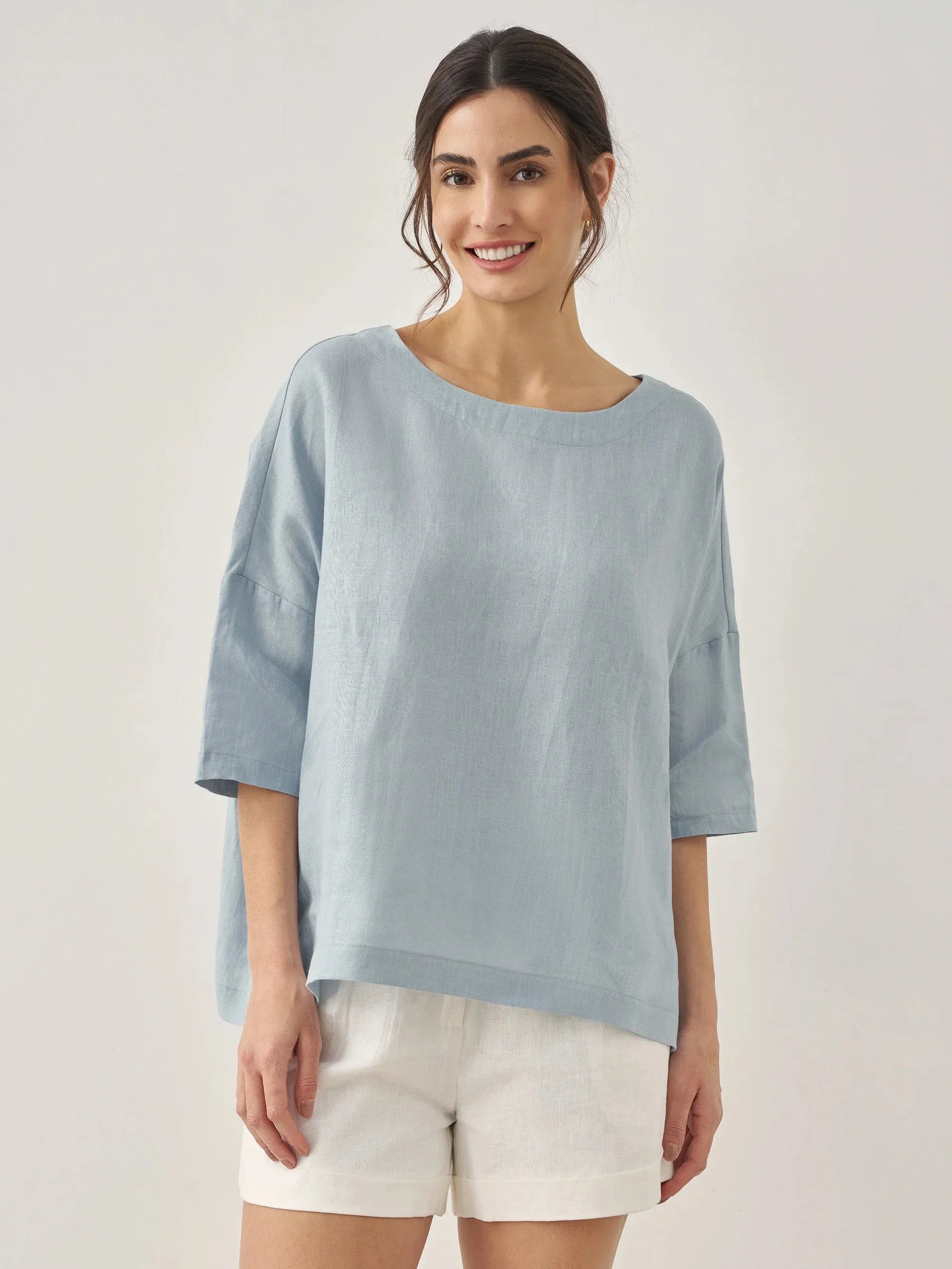 100% Linen Boatneck 3/4 Length Sleeve Top AURORA sold by Lintico