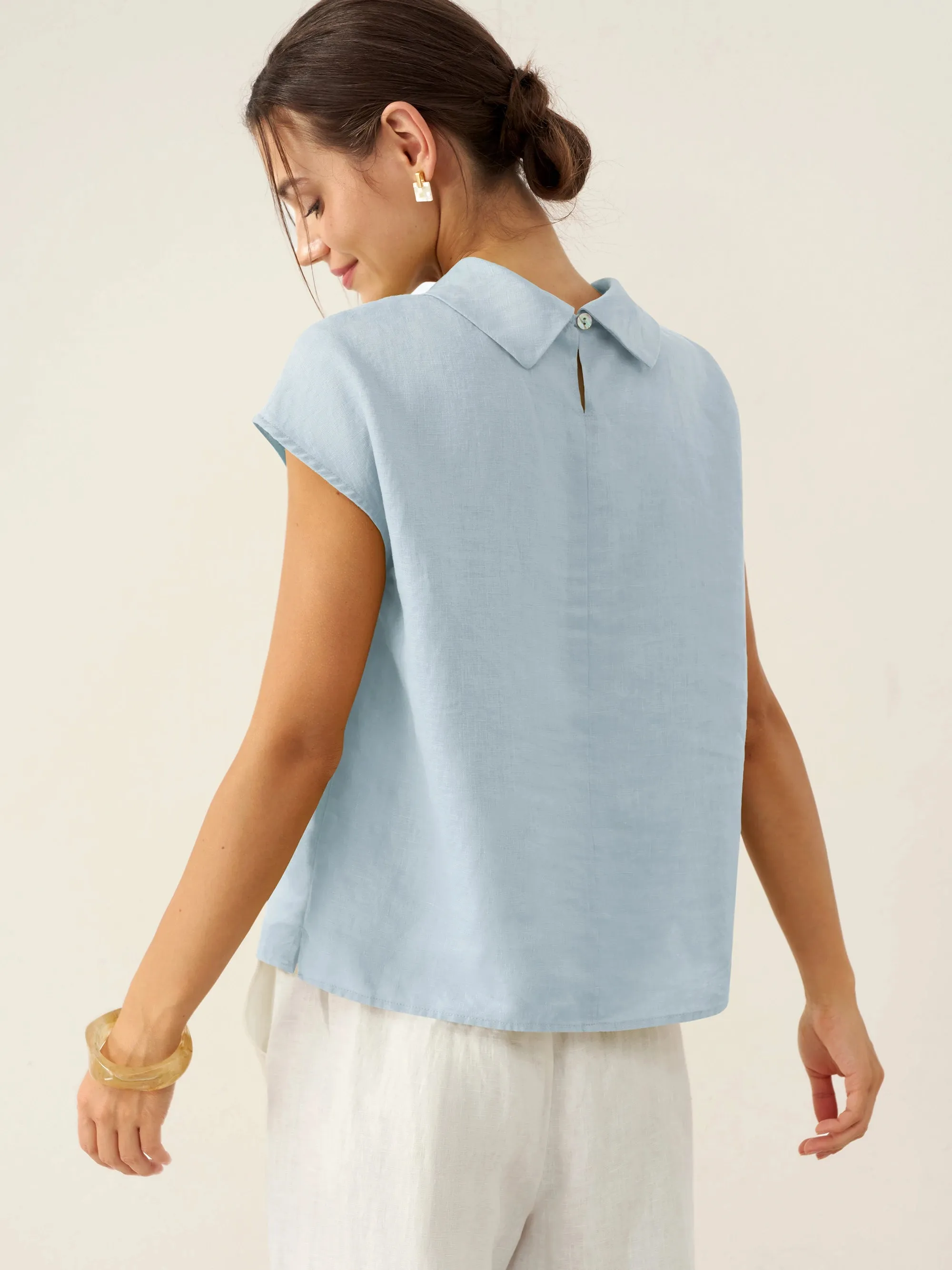 100% Linen Cap Sleeve Soft-Fold Collar Top YVONNE sold by Lintico product image thumbnail 2