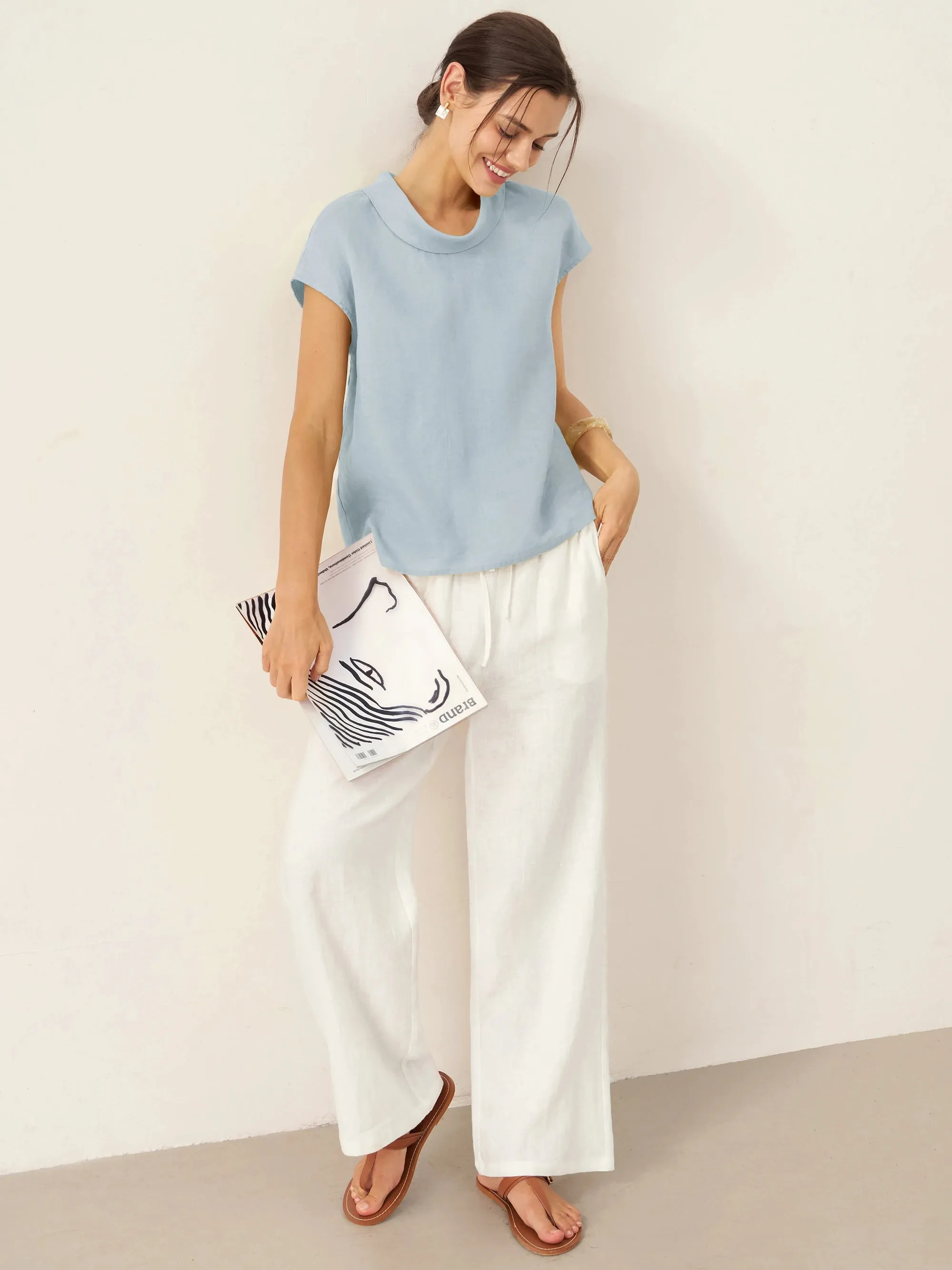 100% Linen Cap Sleeve Soft-Fold Collar Top YVONNE sold by Lintico product image thumbnail 3