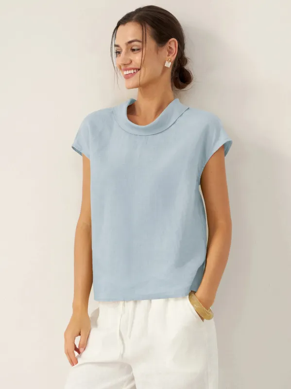 100% Linen Cap Sleeve Soft-Fold Collar Top YVONNE sold by Lintico