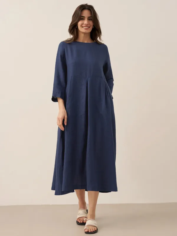 100% Linen Bateau Neck Pleated Maxi Dress sold by Lintico