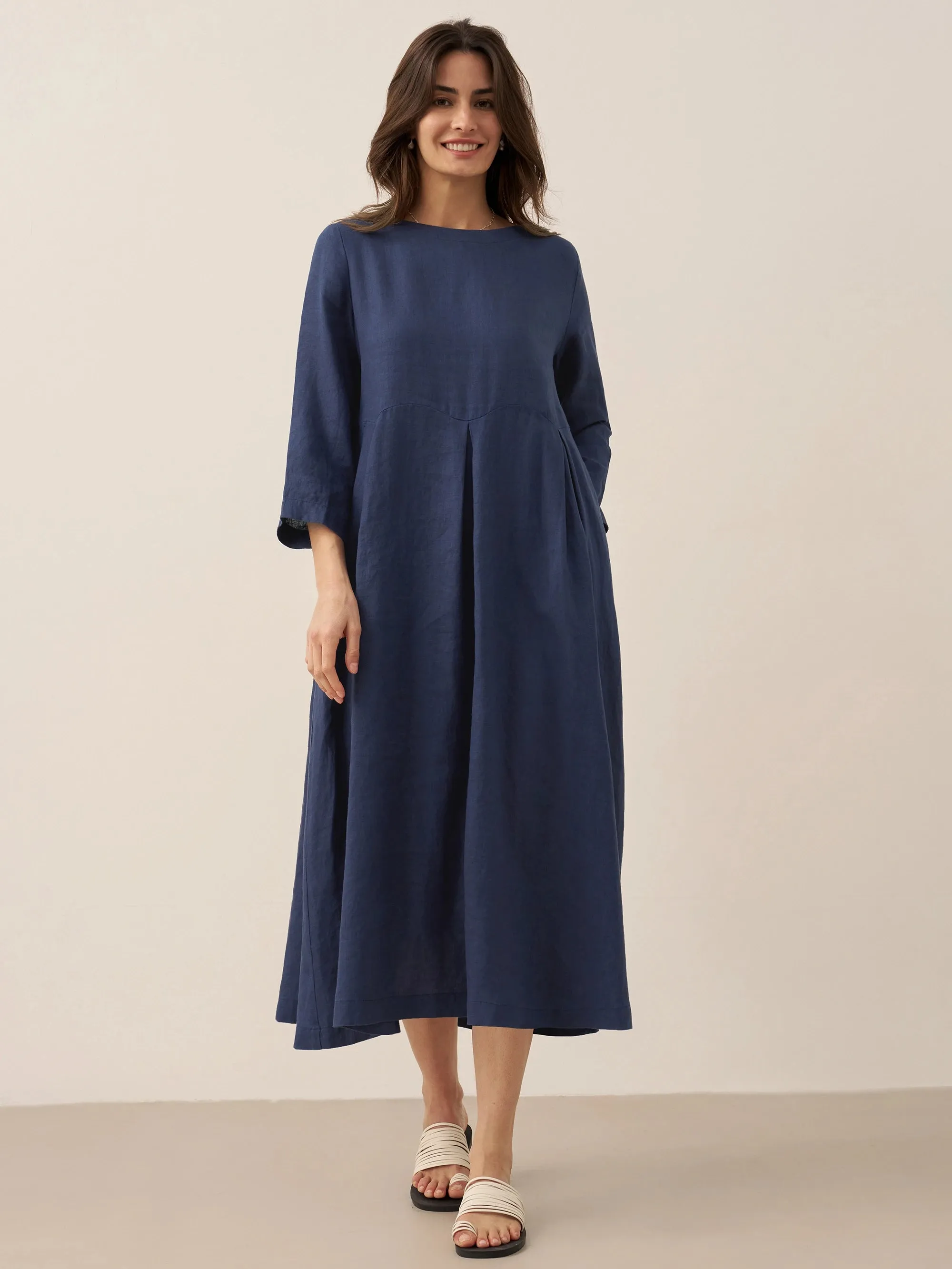 100% Linen Bateau Neck Pleated Maxi Dress sold by Lintico