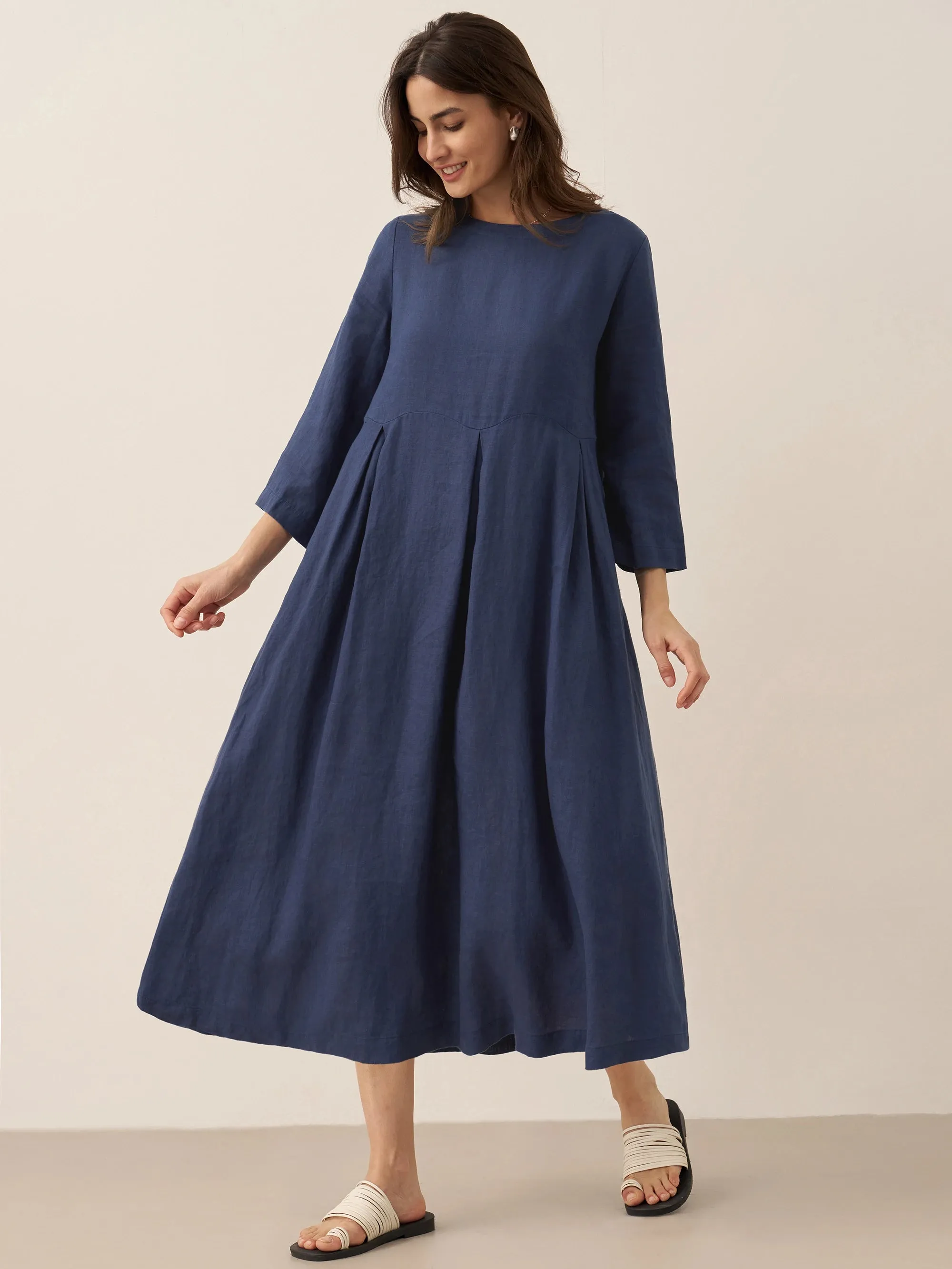 100% Linen Bateau Neck Pleated Maxi Dress sold by Lintico product image thumbnail 2
