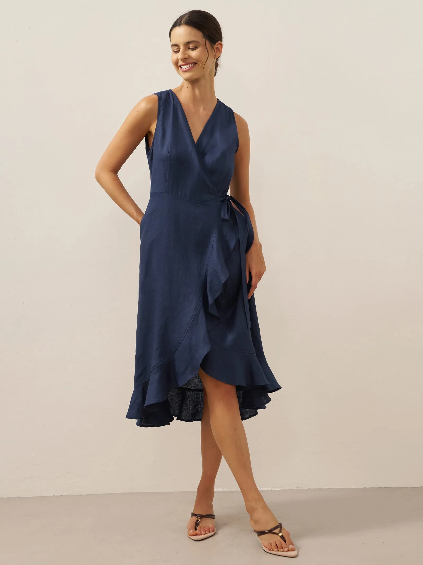 100% Linen V-Neck One-Piece Ruffle Hem Maxi Dress MAYA sold by Lintico