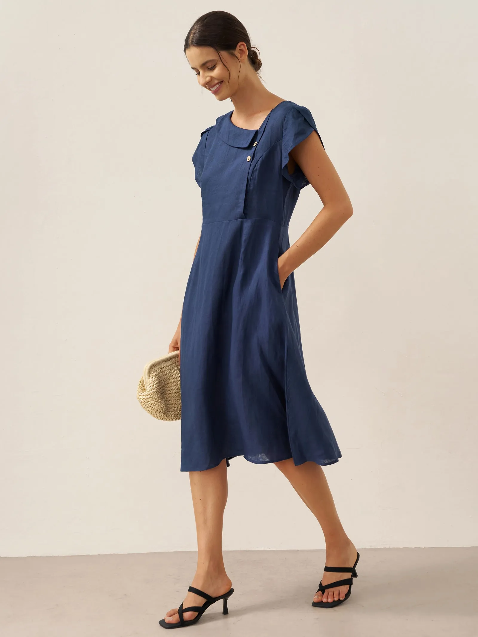 100% Linen Crescent Collar Flutter Sleeve Midi Dress FIONA sold by Lintico product image thumbnail 4