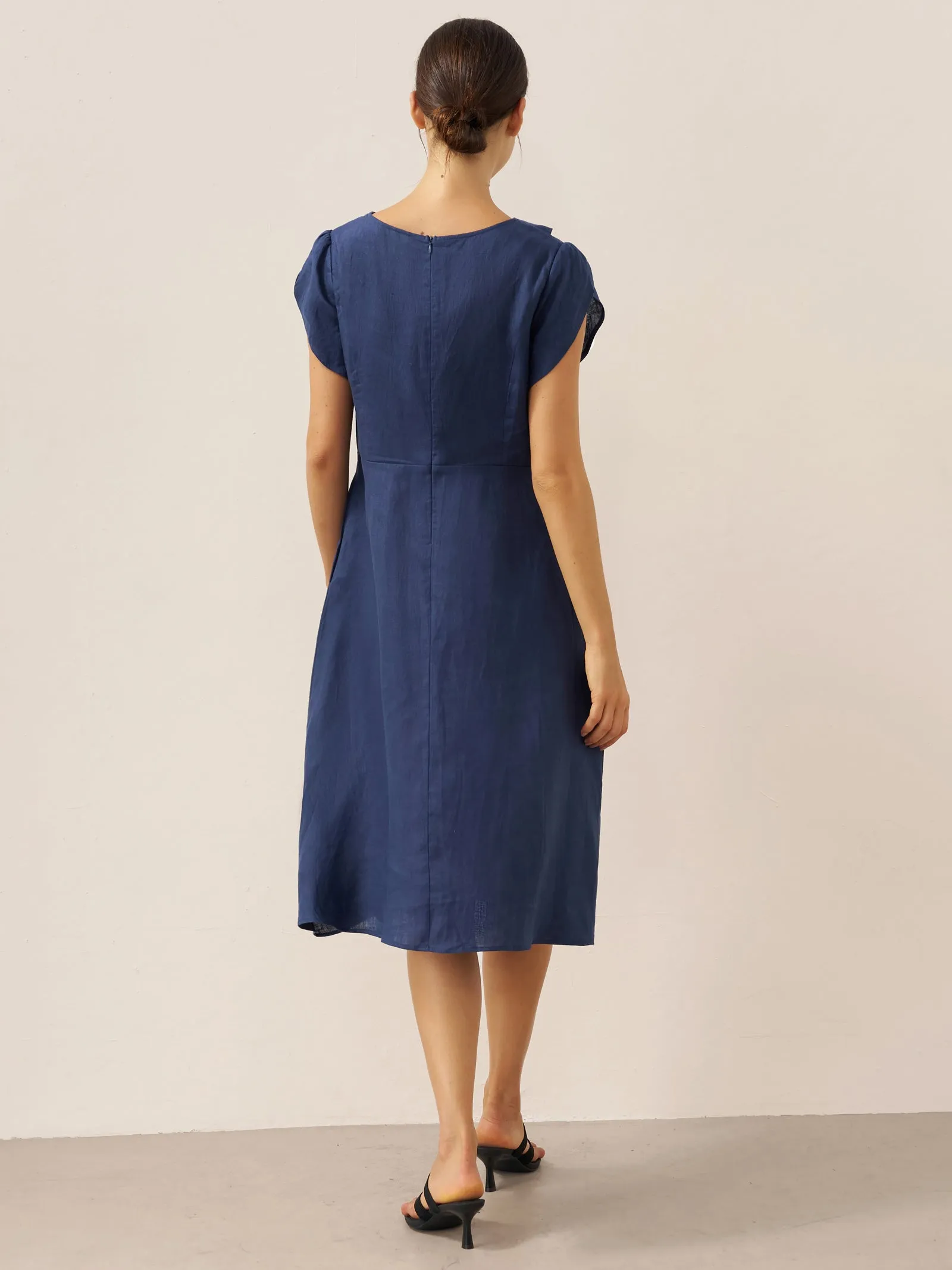 100% Linen Crescent Collar Flutter Sleeve Midi Dress FIONA sold by Lintico product image thumbnail 5