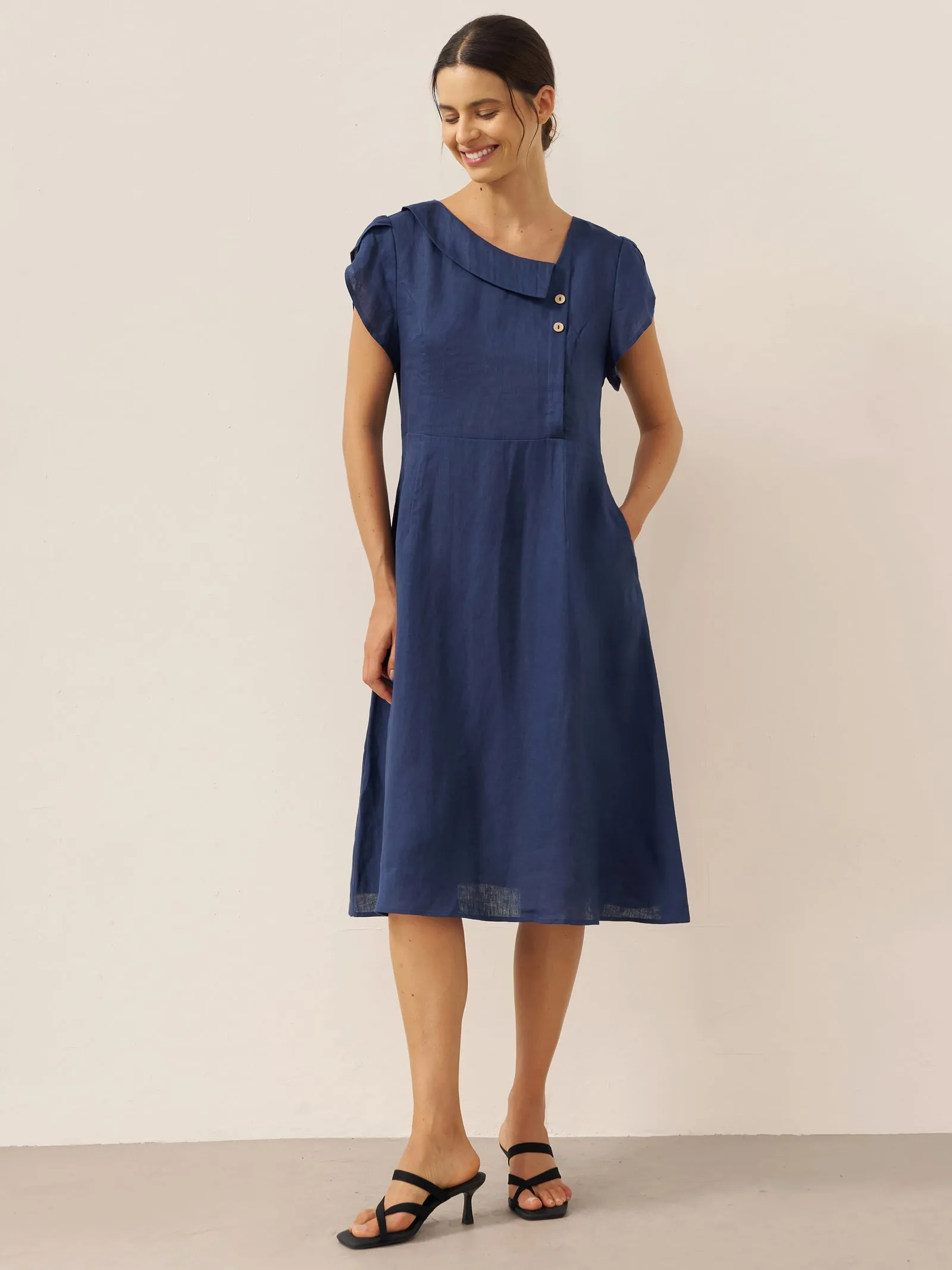 100% Linen Crescent Collar Flutter Sleeve Midi Dress FIONA sold by Lintico
