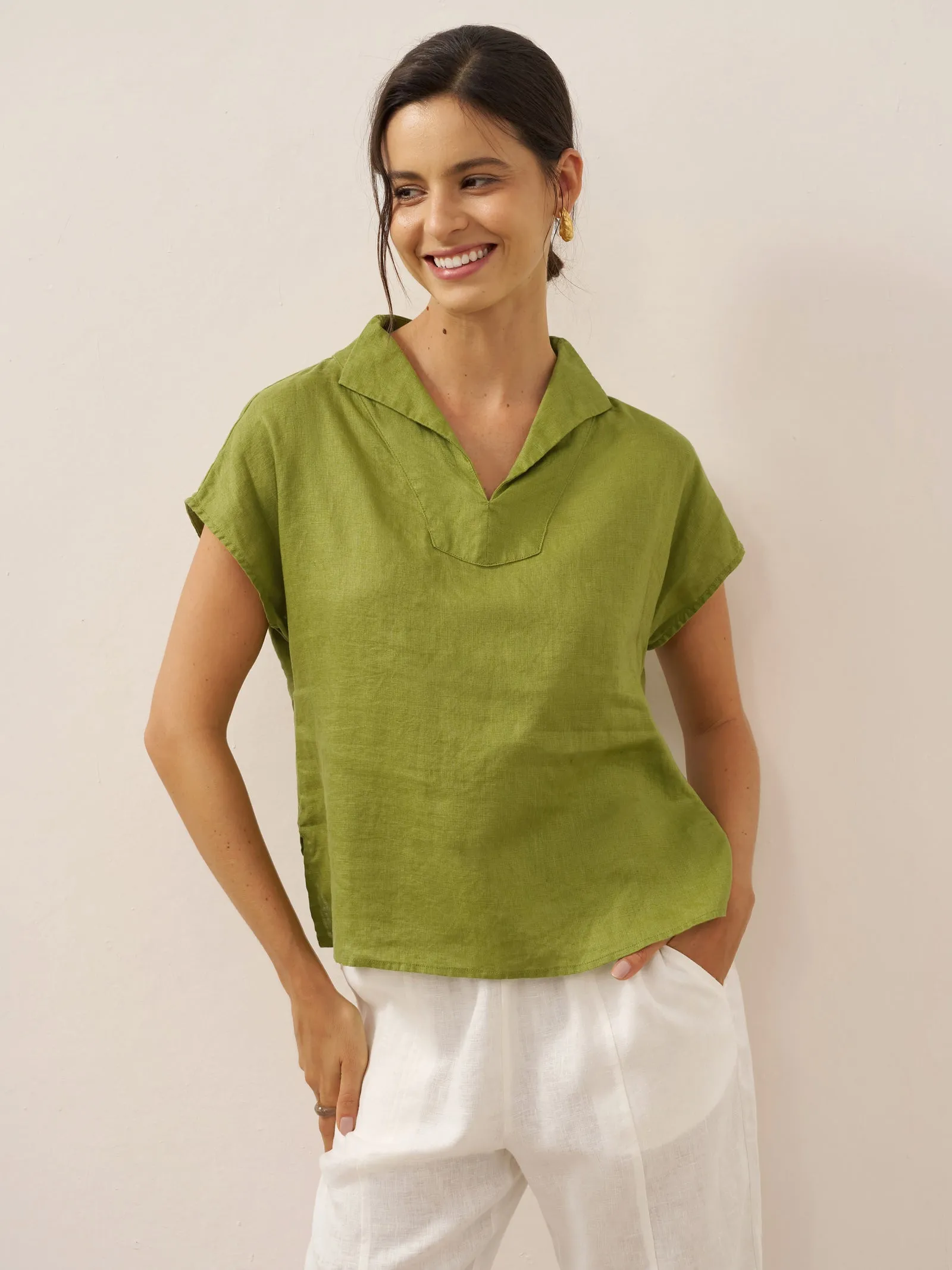 100% Linen Collared Cap Sleeve Top IVY sold by Lintico
