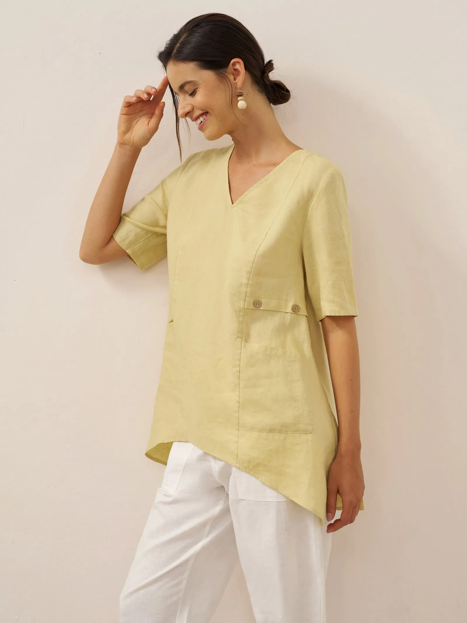 100% Linen Asymmetric Hem Long Top ISLA sold by Lintico product image thumbnail 3