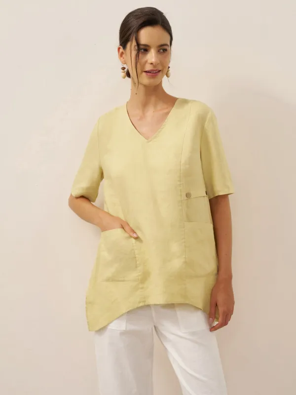 100% Linen Asymmetric Hem Long Top ISLA sold by Lintico