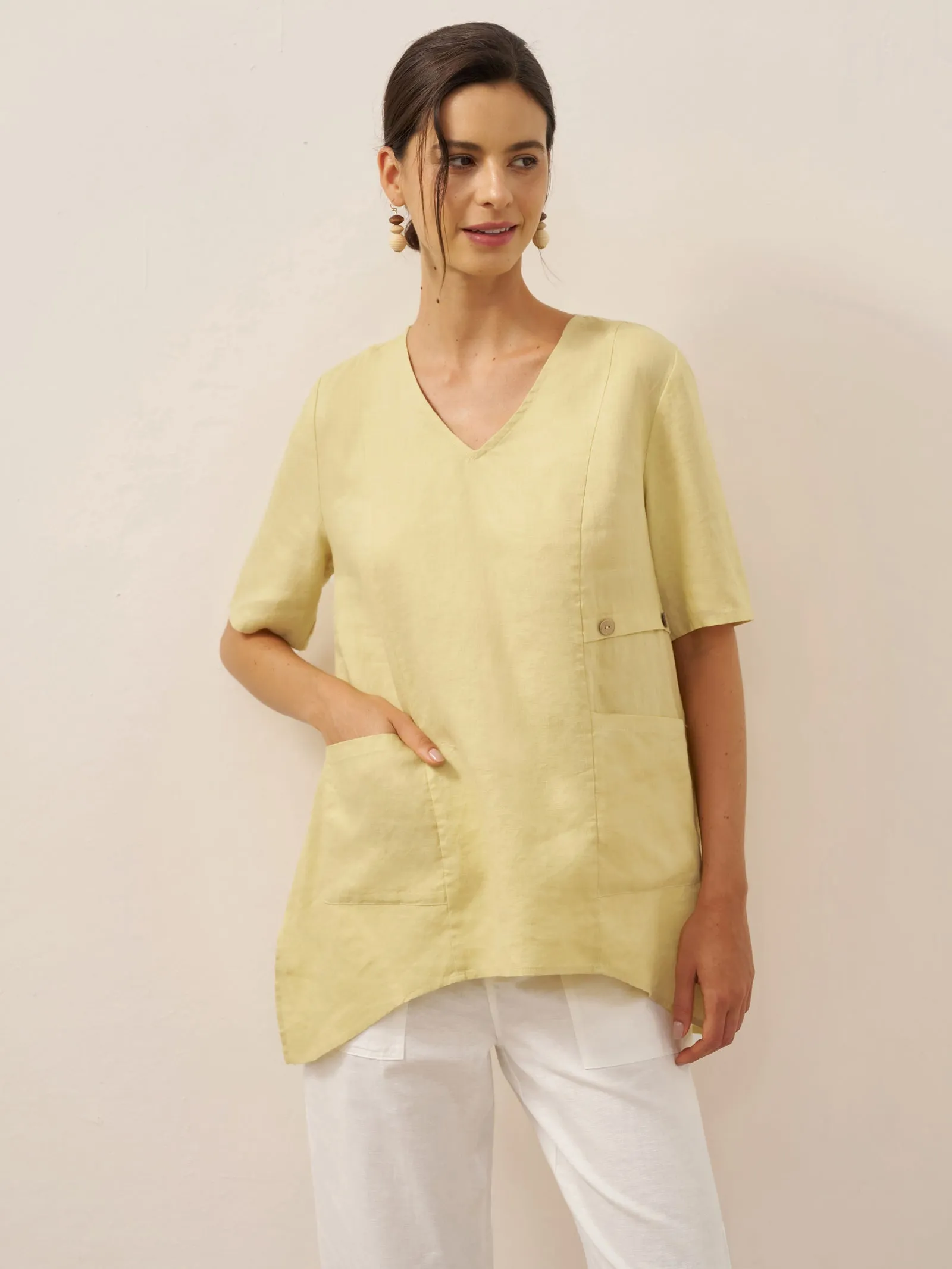 100% Linen Asymmetric Hem Long Top ISLA sold by Lintico