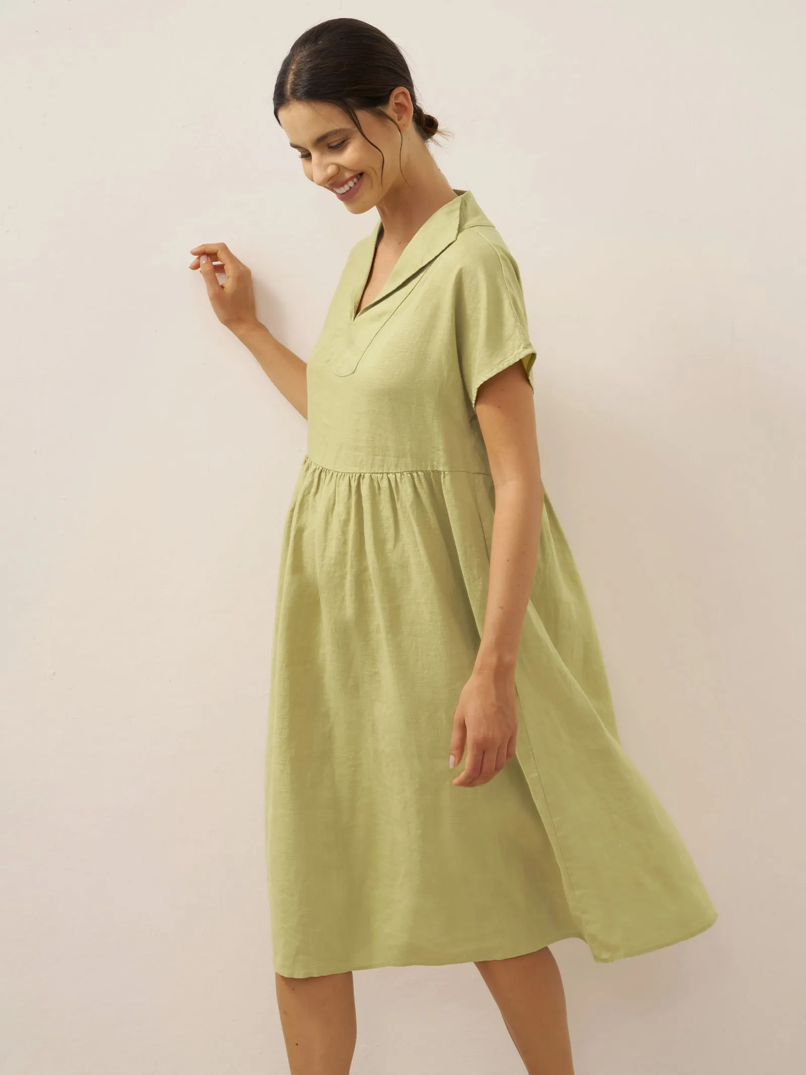 100% Linen Collared Pleated Waist A-Line Midi Dress SAGE sold by Lintico product image thumbnail 3