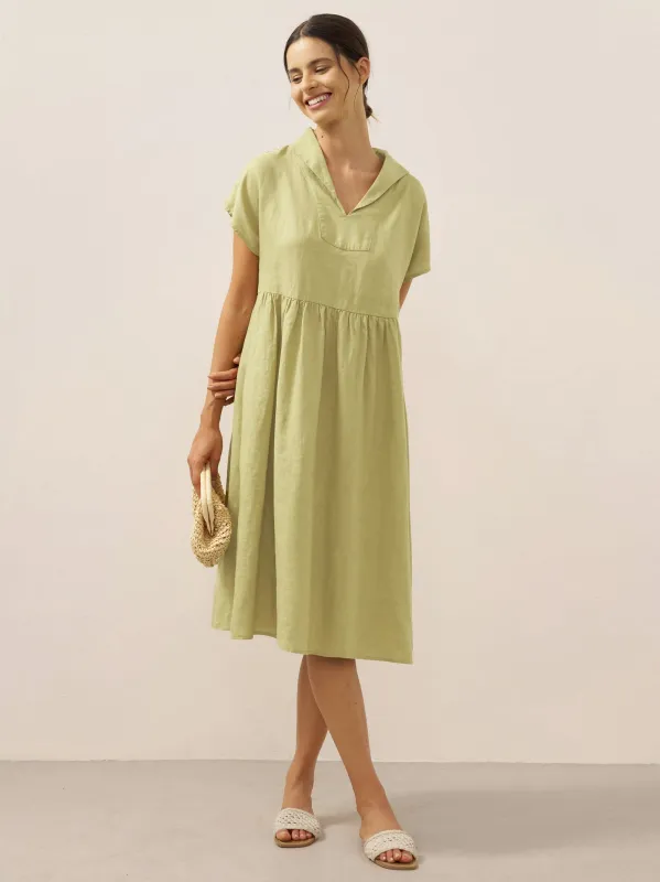 100% Linen Collared Pleated Waist A-Line Midi Dress SAGE sold by Lintico