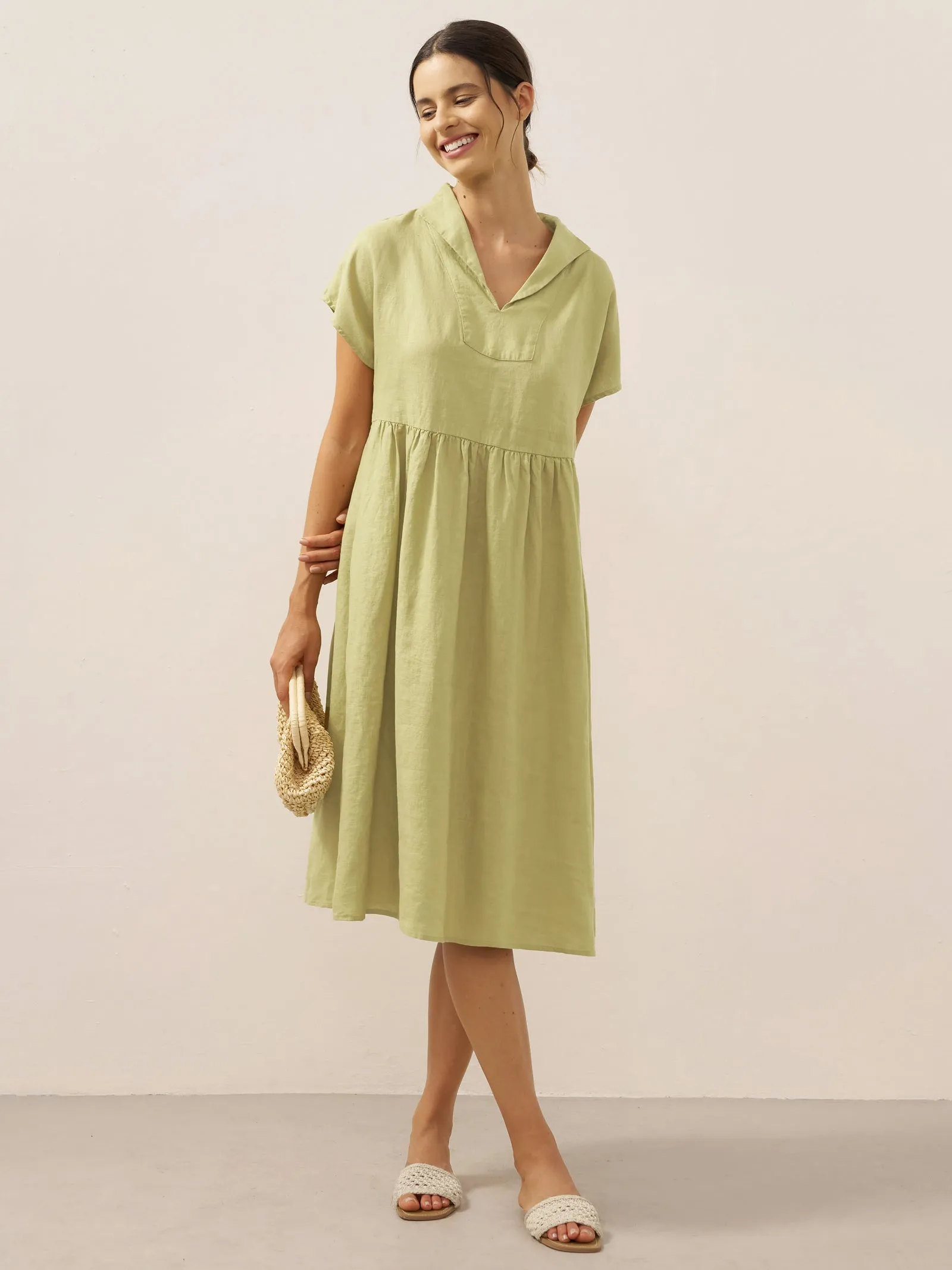 100% Linen Collared Pleated Waist A-Line Midi Dress SAGE sold by Lintico