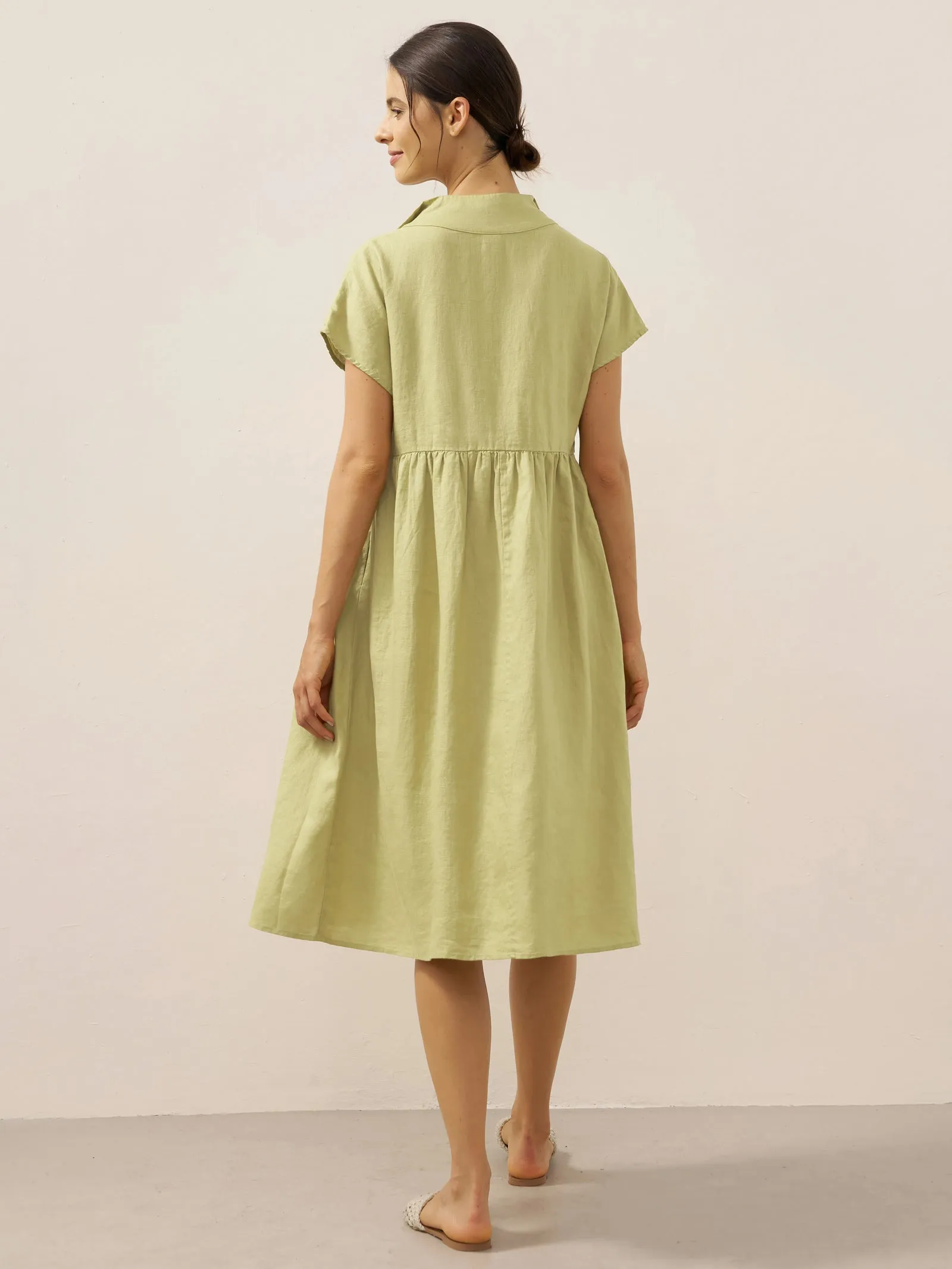 100% Linen Collared Pleated Waist A-Line Midi Dress SAGE sold by Lintico product image thumbnail 2