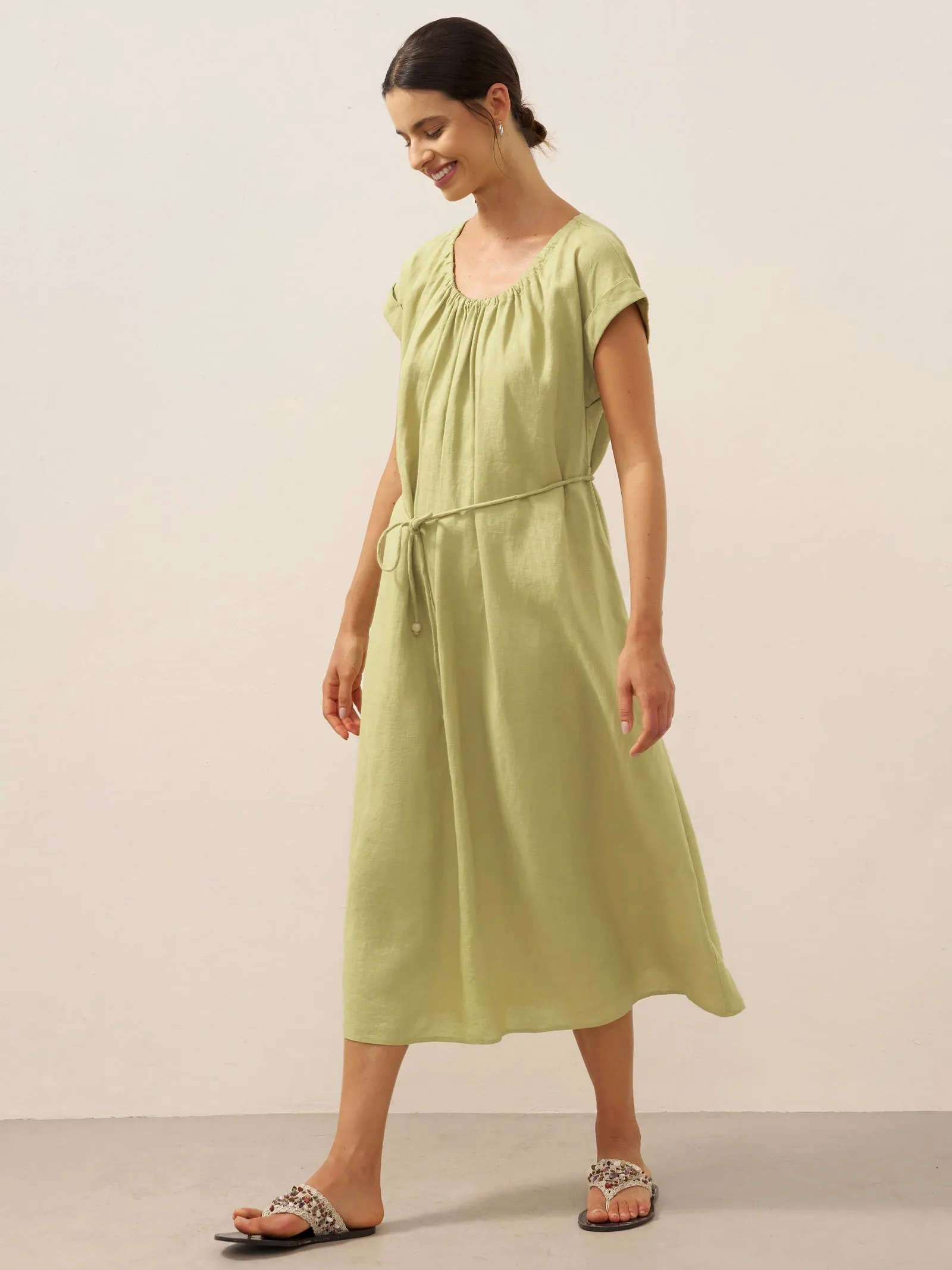 100% Linen Pleated Crew Neck Maxi Dress with Detachable Tie Straps MIRA sold by Lintico