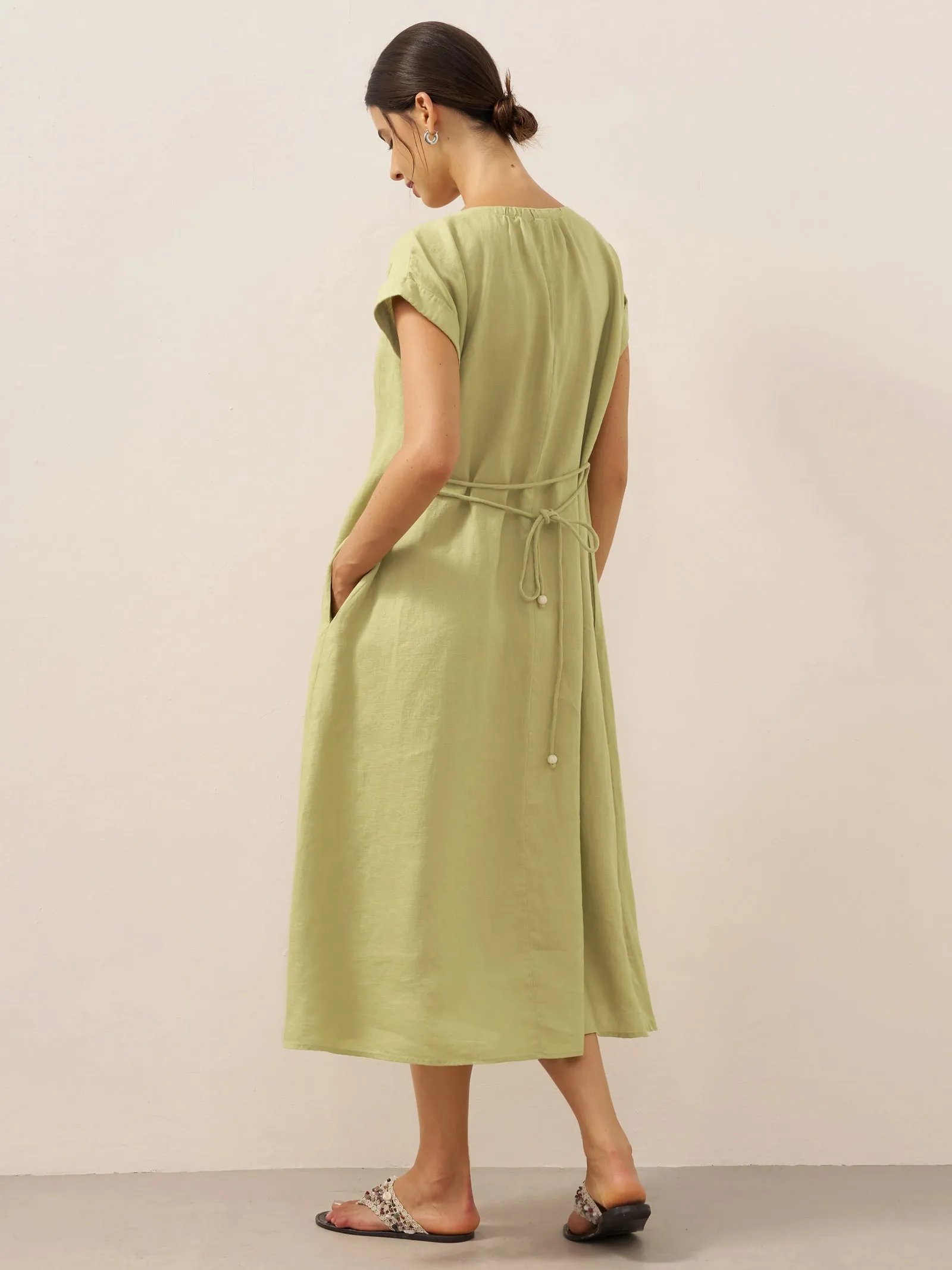 100% Linen Pleated Crew Neck Maxi Dress with Detachable Tie Straps MIRA sold by Lintico product image thumbnail 2