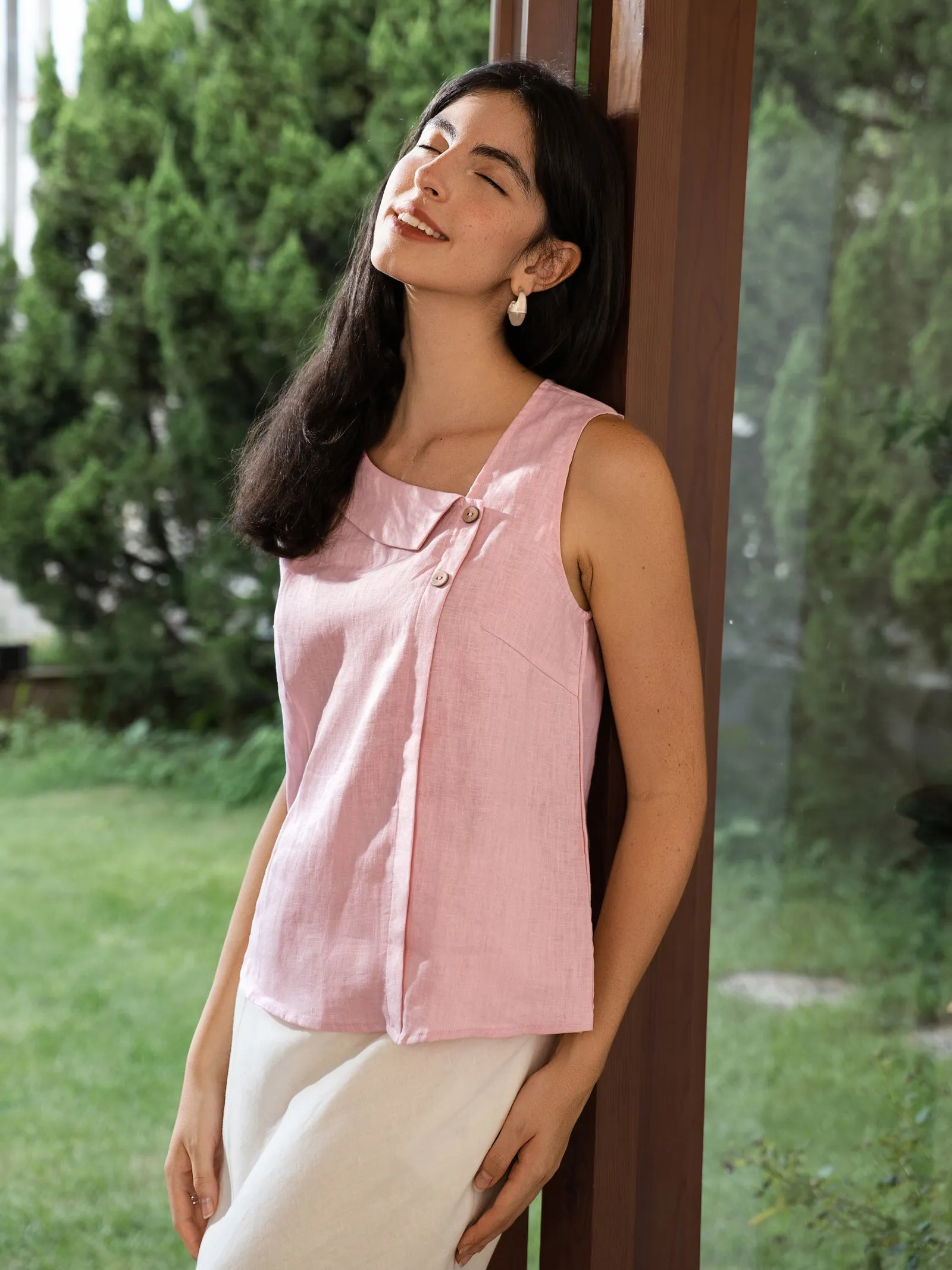 100% Linen Sleeveless Crescent Collar Top KARA sold by Lintico product image thumbnail 3