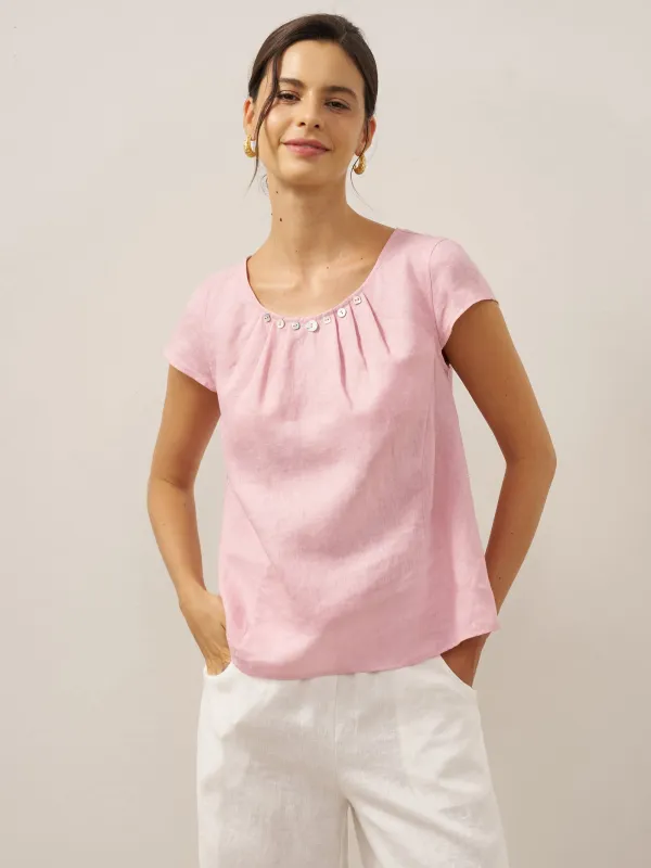 100% Linen Shell Button Pleated Crew Neck Top RENA sold by Lintico