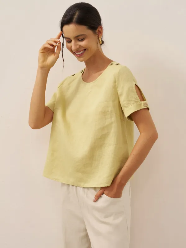 100% Linen Eyelet Short Sleeve Pullover Top ADA sold by Lintico