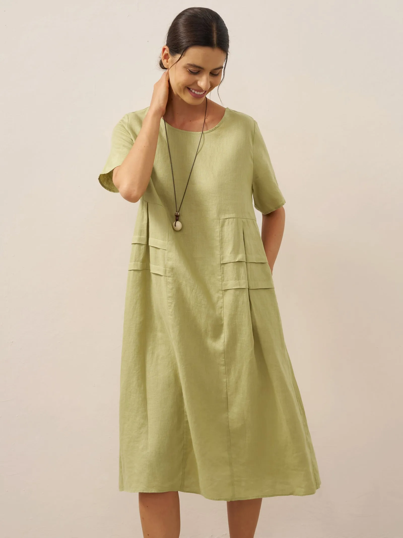 100% Linen Pleated Crew Neck Midi Dress MILA sold by Lintico product image thumbnail 3