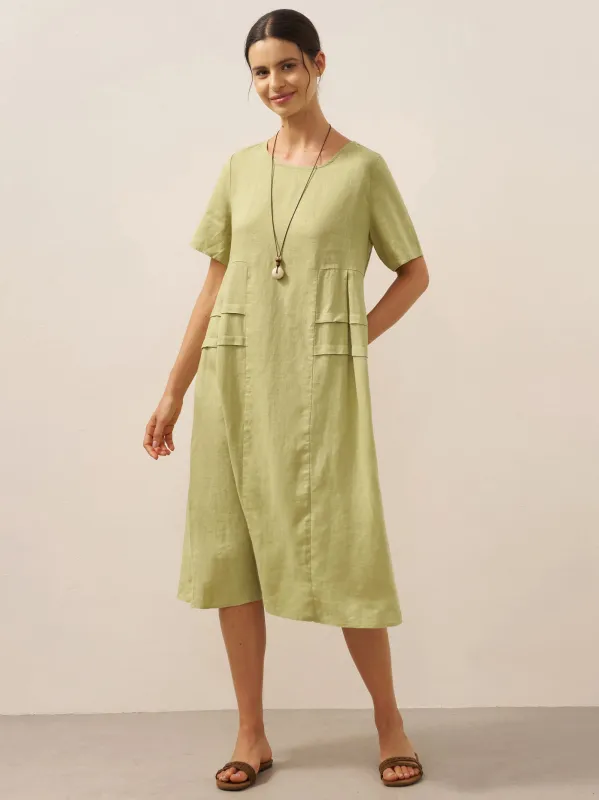 100% Linen Pleated Crew Neck Midi Dress MILA sold by Lintico