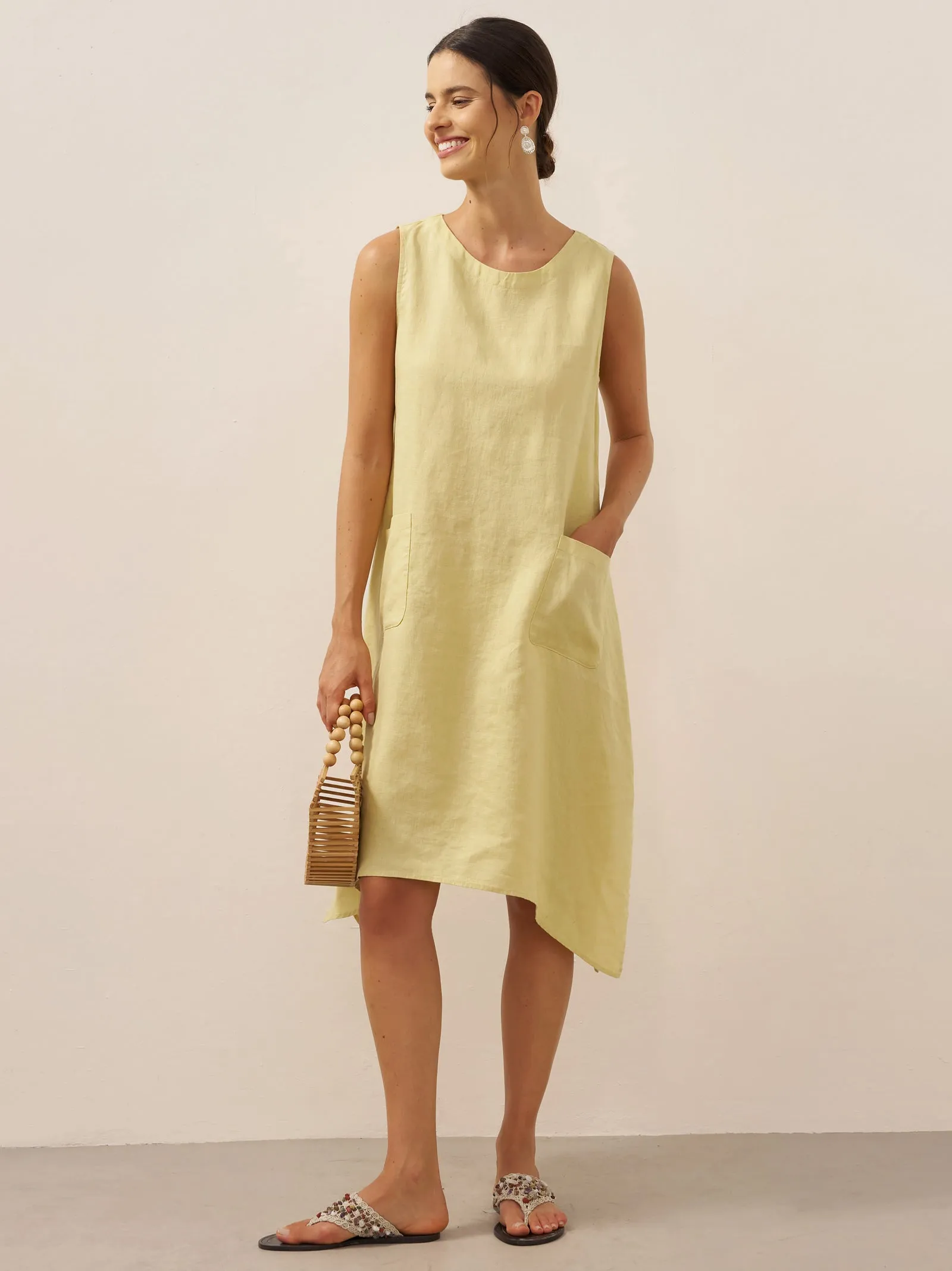 100% Linen Sleeveless Pocket A-Line Mini Dress LUZ sold by Lintico