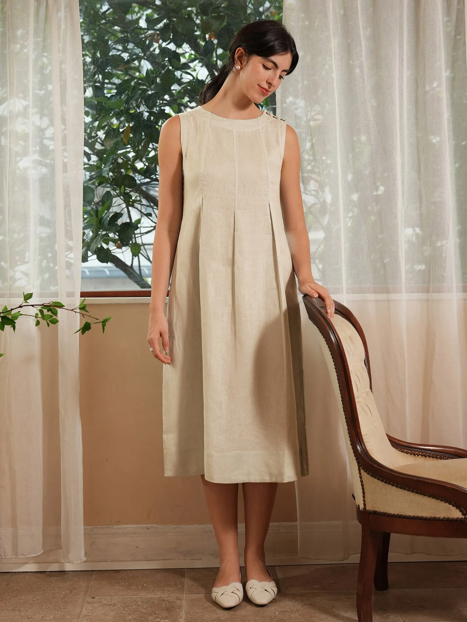 100% Linen Sleeveless Shoulder Button Midi Dress FREYA sold by Lintico product image thumbnail 3