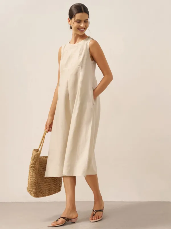 100% Linen Sleeveless Shoulder Button Midi Dress FREYA sold by Lintico