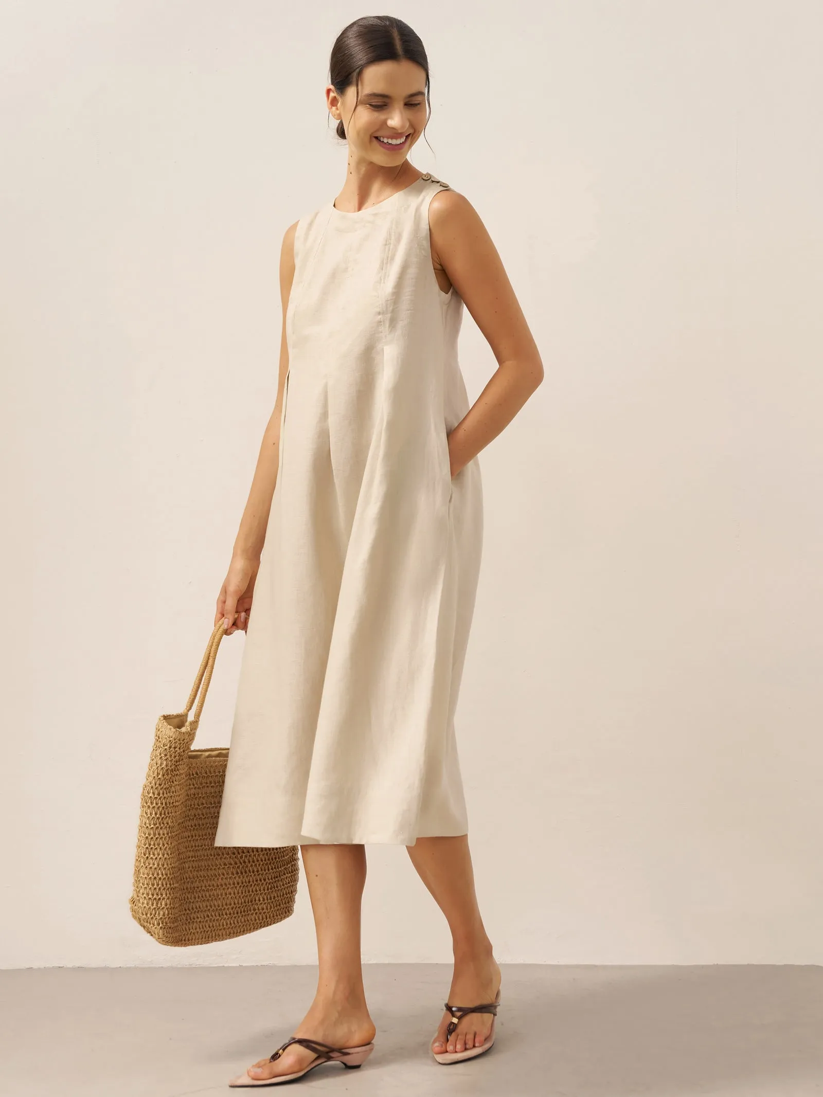100% Linen Sleeveless Shoulder Button Midi Dress FREYA sold by Lintico