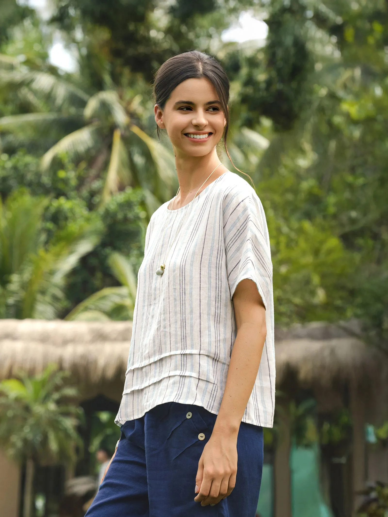 100% Linen Pleated Striped Pullover Top VIA sold by Lintico product image thumbnail 3