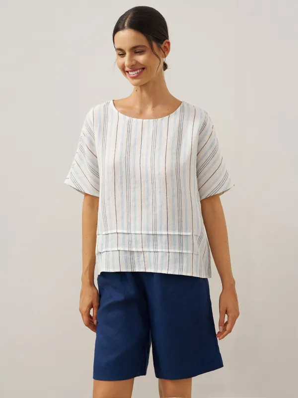 100% Linen Pleated Striped Pullover Top VIA sold by Lintico