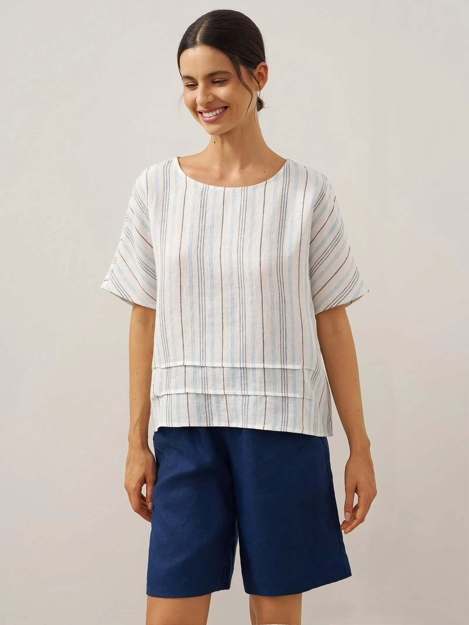 100% Linen Pleated Striped Pullover Top VIA sold by Lintico