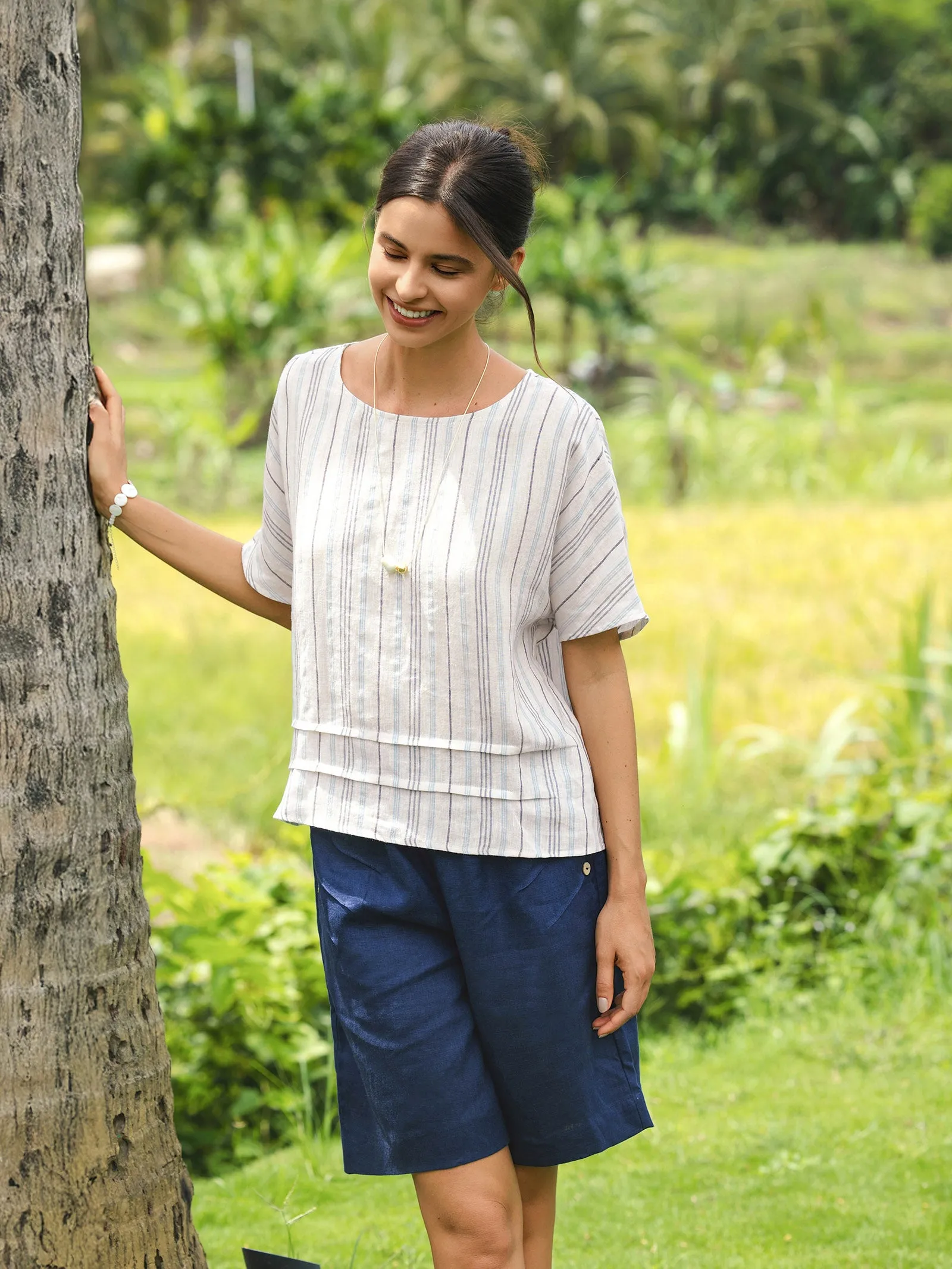 100% Linen Pleated Striped Pullover Top VIA sold by Lintico product image thumbnail 2